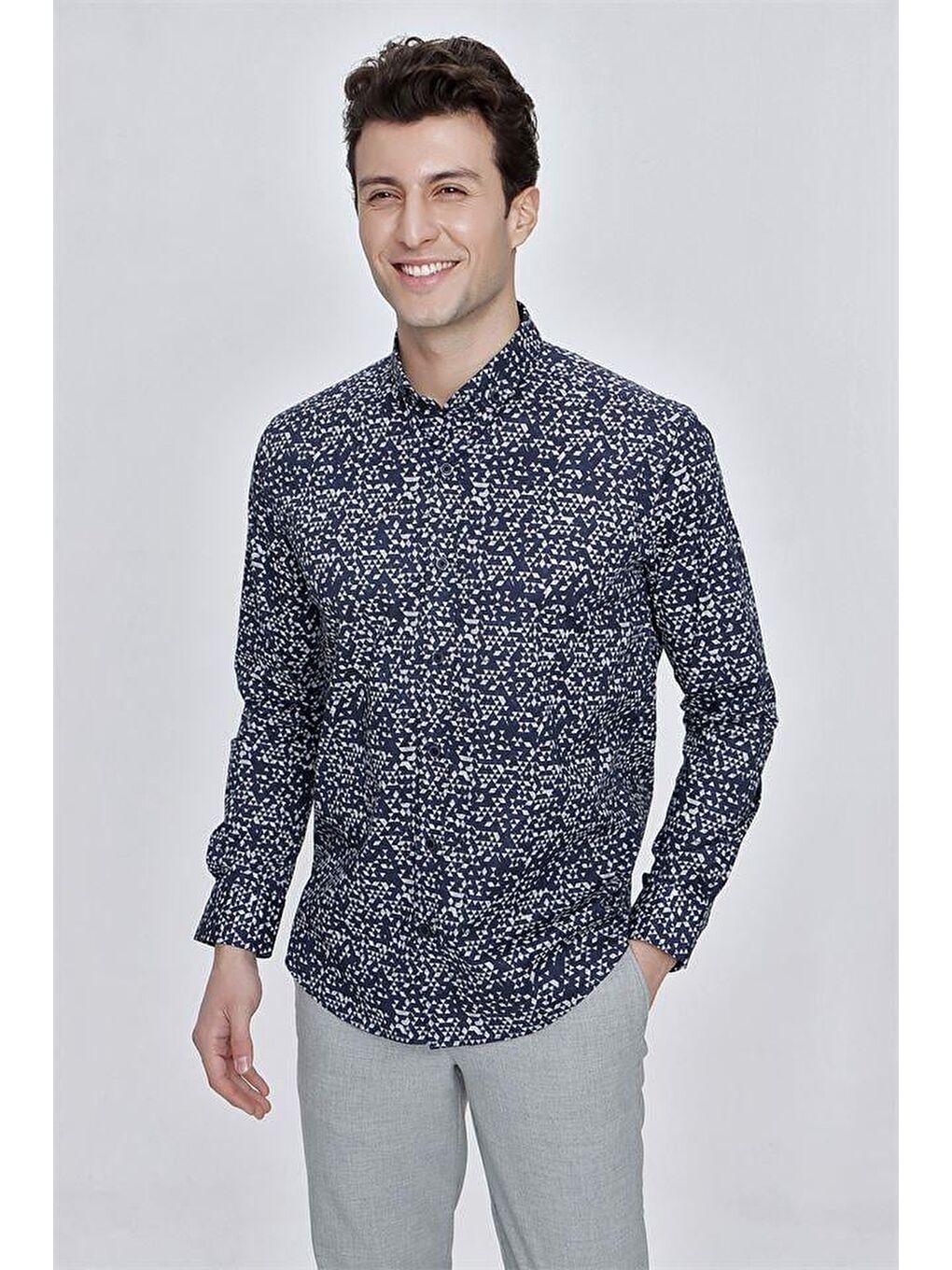 Koyu Lacivert Uzun Kol Gömlek Yaka Klasik Slim Fit Pamuklu Elastanlı Gömlek 1004225210-2