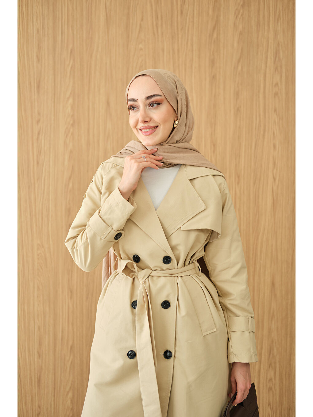 Ekru Kadın Omuz Düğme Detay Kruvaze Yaka Midi Boy Trenç Krem-4