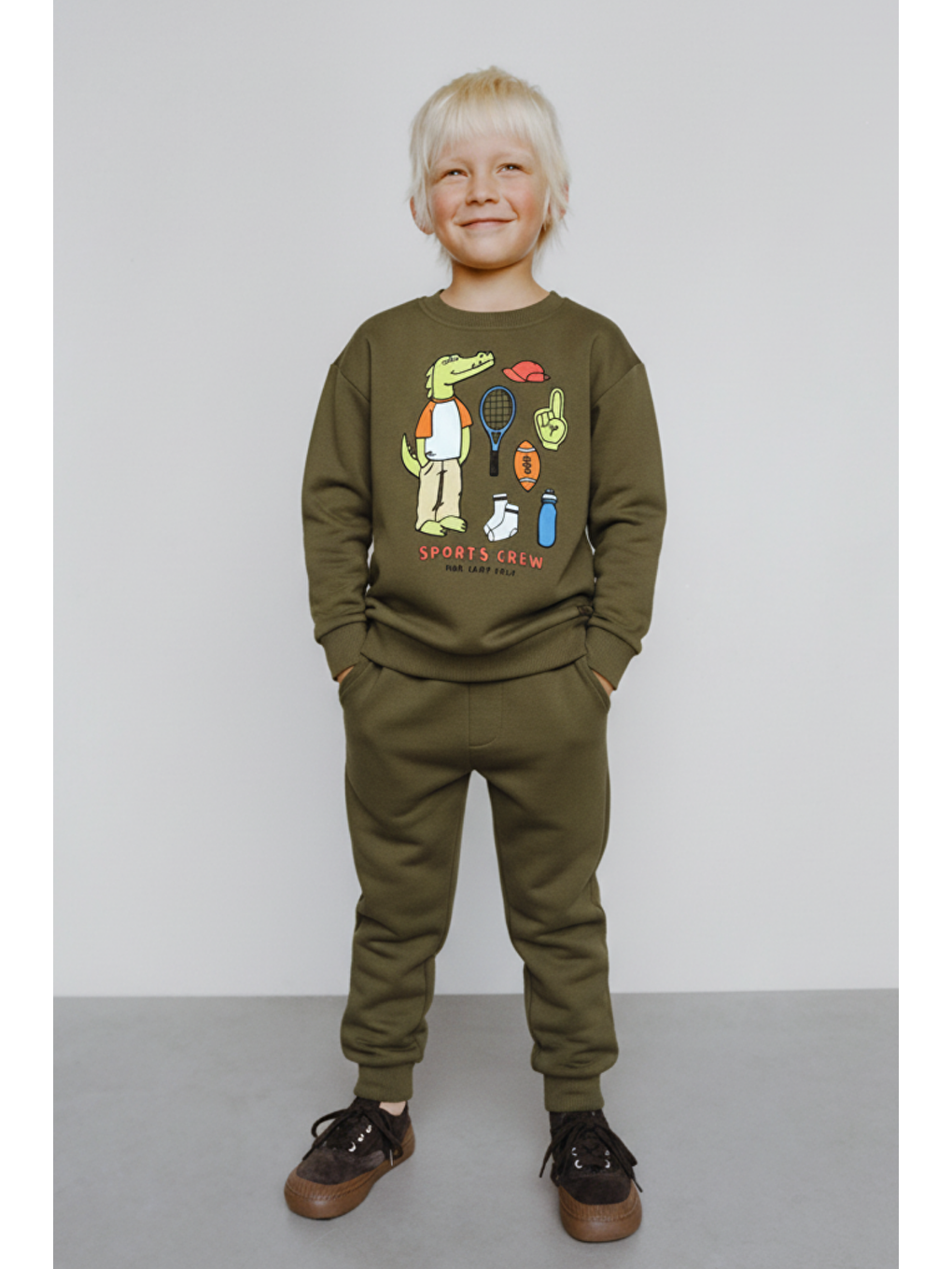 Yeşil Erkek Çocuk Pamuklu Haki Timsah Baskılı Sweatshirt Ve Eşofman Altı Takım - Spor Tarz Rahat Kesim