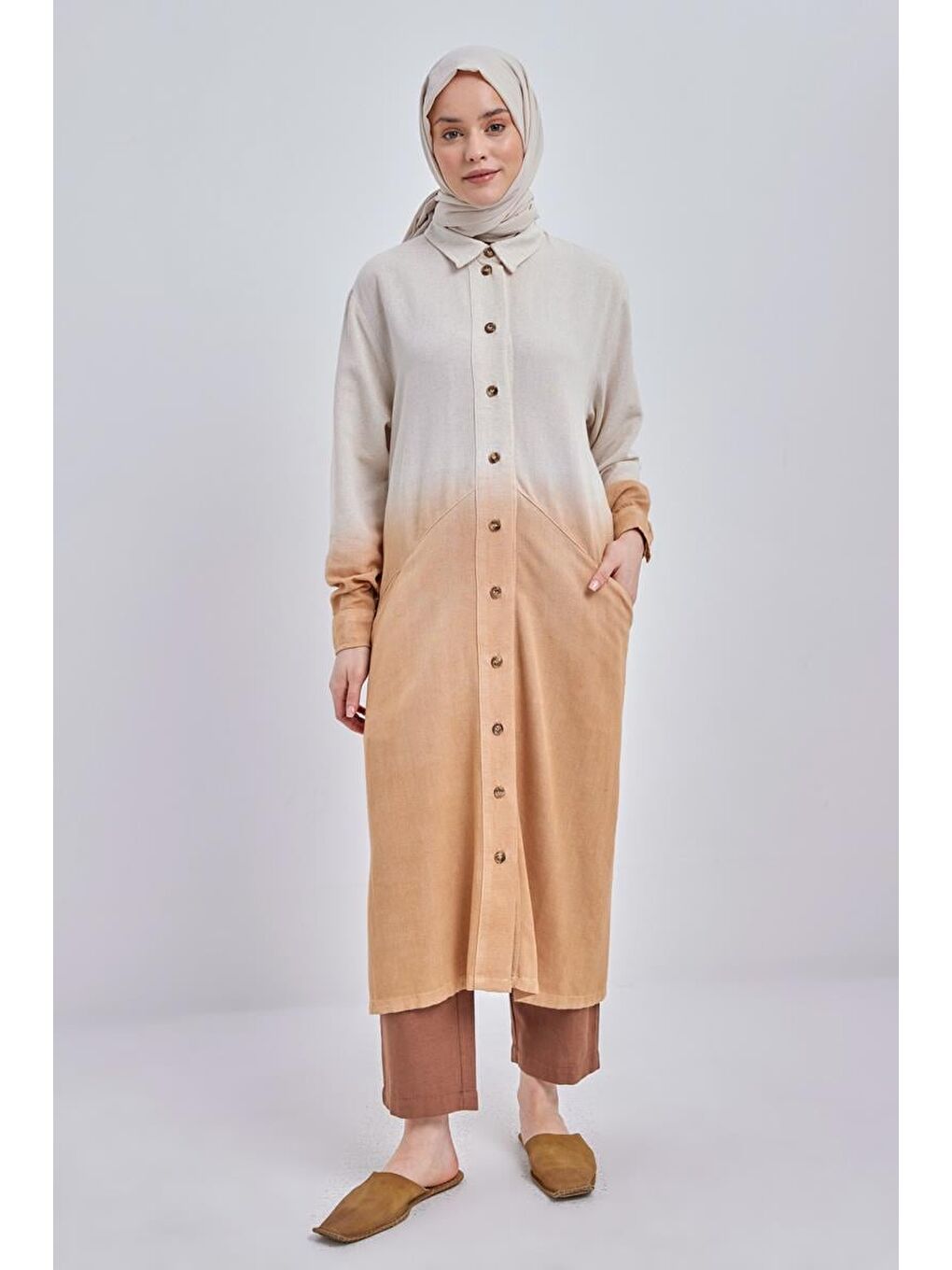 Kahverengi Camel-Degrade Keten Gömlek Tunik-1