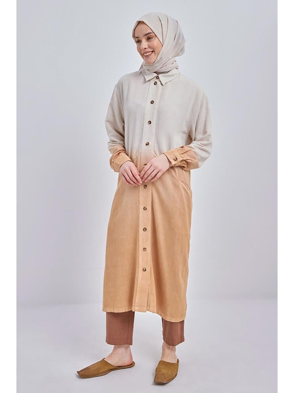 Kahverengi Camel-Degrade Keten Gömlek Tunik-2