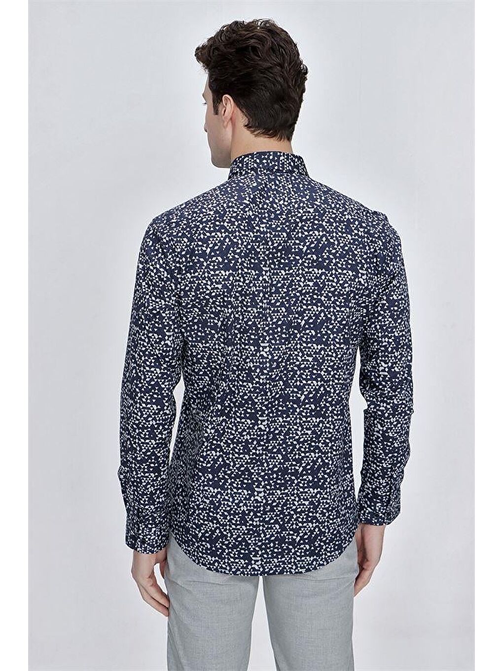 Koyu Lacivert Uzun Kol Gömlek Yaka Klasik Slim Fit Pamuklu Elastanlı Gömlek 1004225210-5