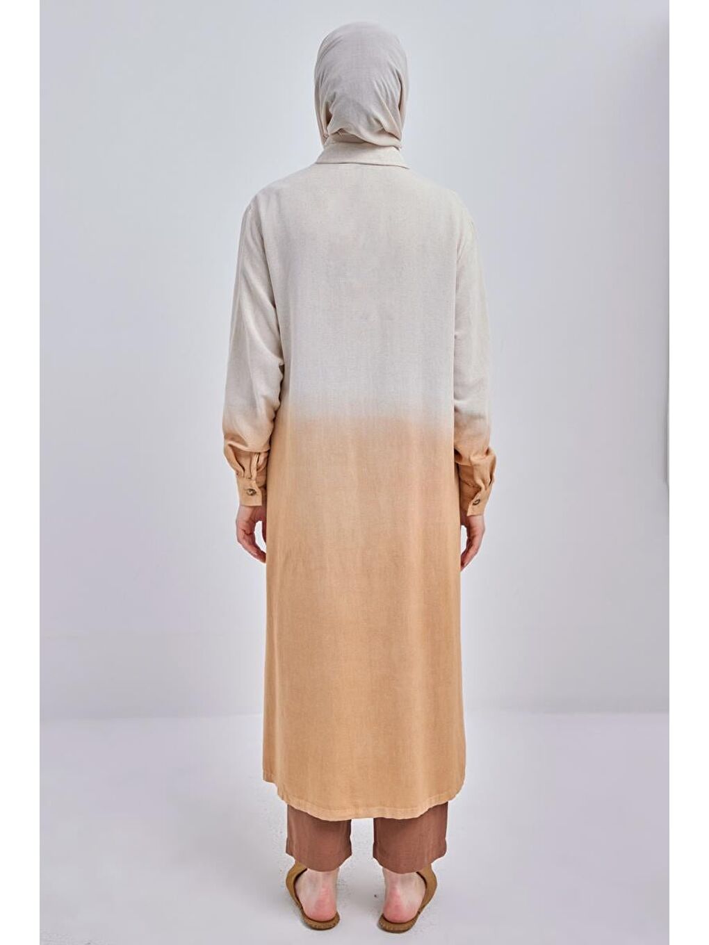 Kahverengi Camel-Degrade Keten Gömlek Tunik-3