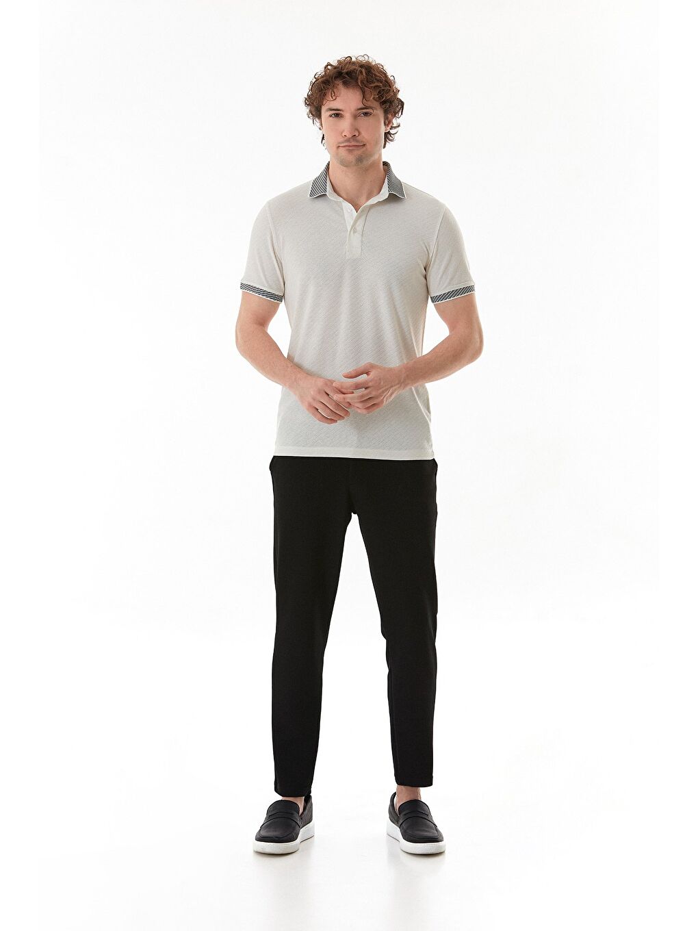 Ekru Düz Slim Fit Polo Yaka Tişört-1