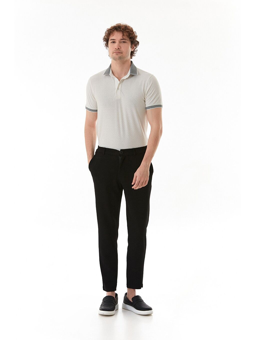 Ekru Düz Slim Fit Polo Yaka Tişört-4