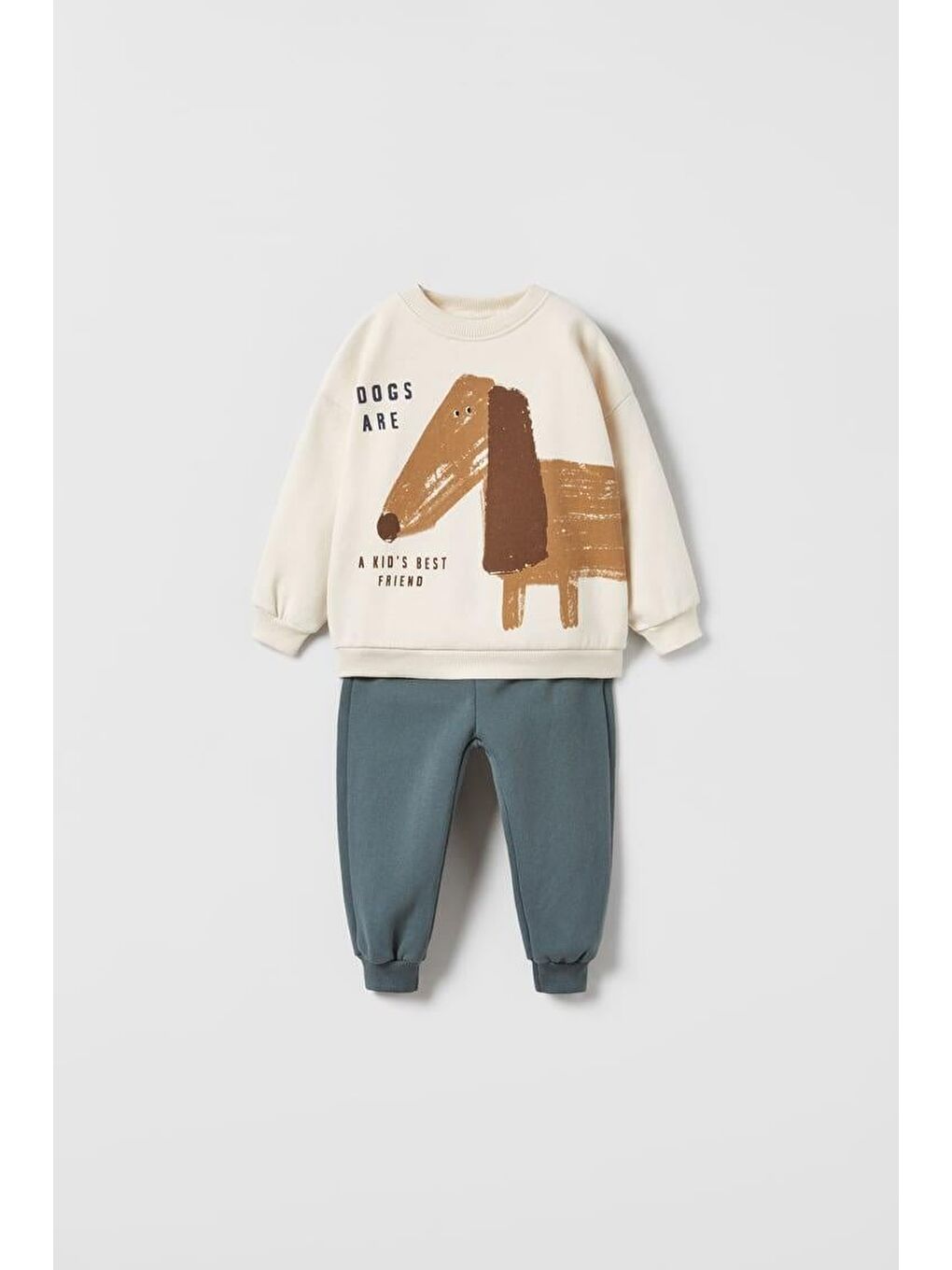 Karışık Erkek Çocuk Pamuklu Krem Köpek Desenli Sweatshirt Ve Mavi Eşofman Altı Takım - Yumuşak Kumaş Konforu