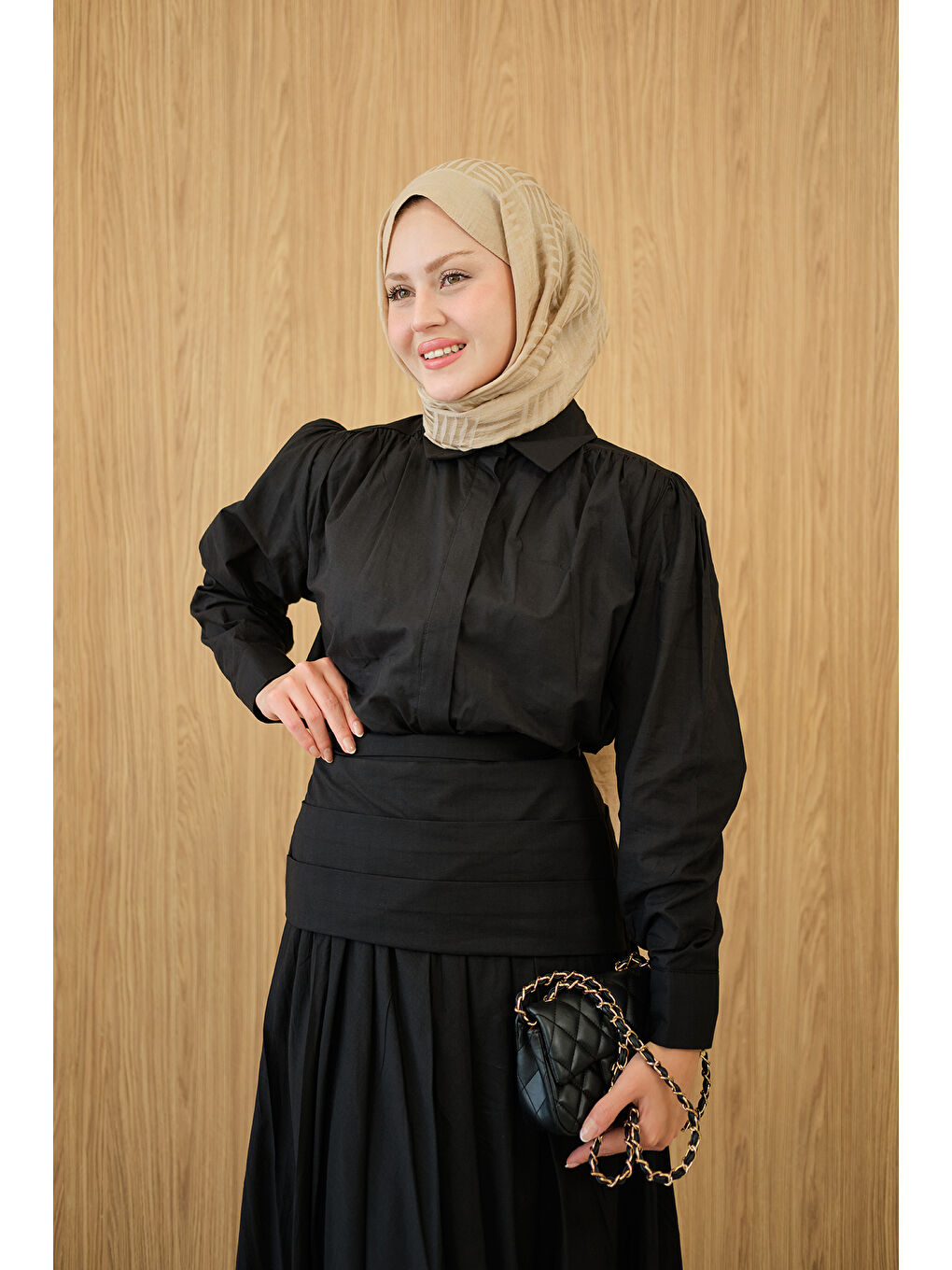 Kadın Gizli Düğmeli Beli Kuşaklı Gömlek Yaka Takım Siyah-2