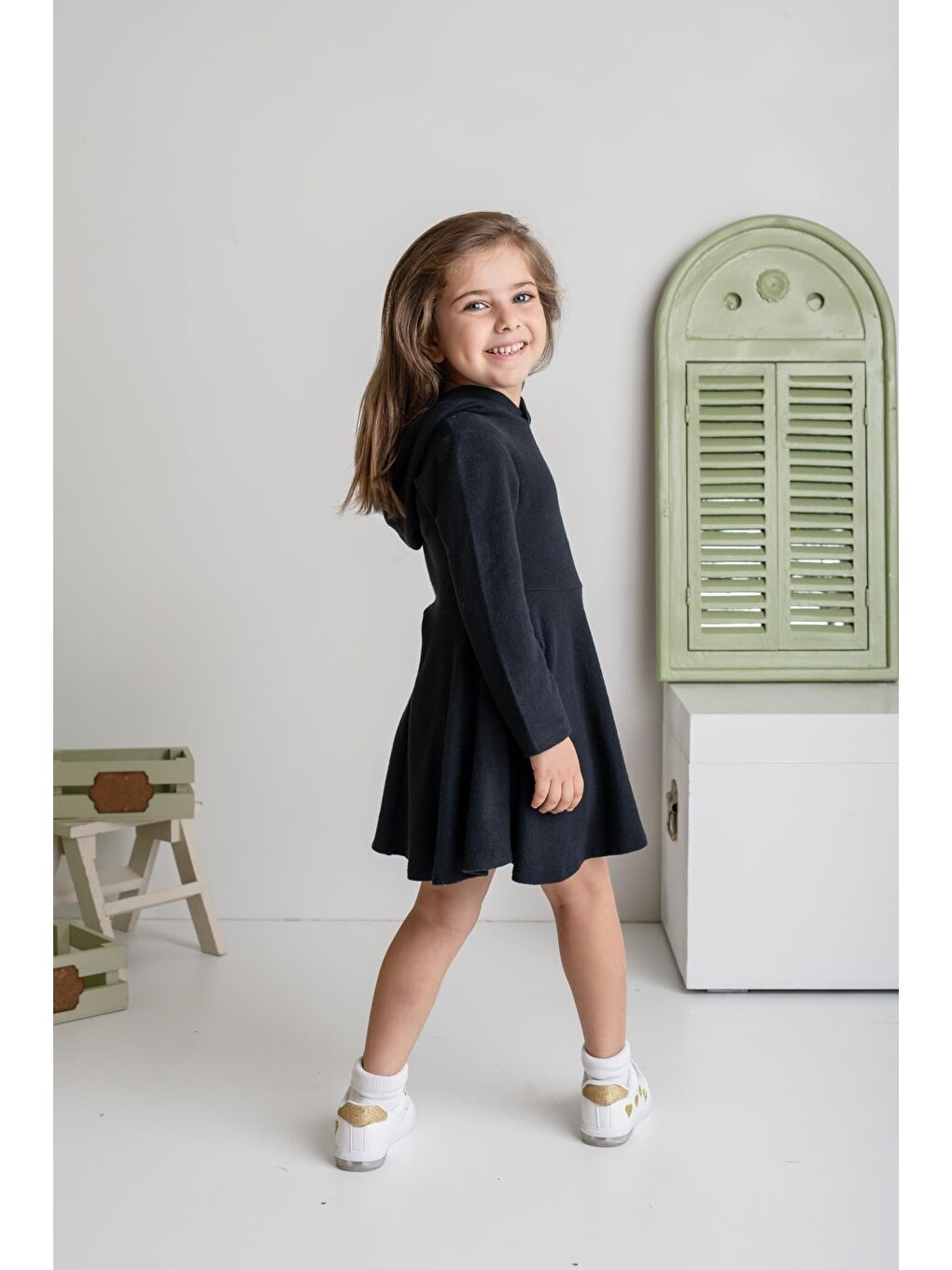 Kız Çocuk Kapüşonlu Yumoş Elbise - Siyah-2