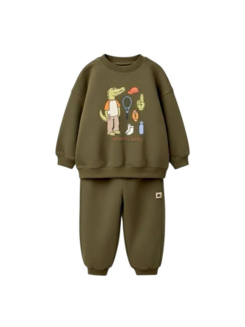 Yeşil Erkek Çocuk Pamuklu Haki Timsah Baskılı Sweatshirt Ve Eşofman Altı Takım - Spor Tarz Rahat Kesim-1