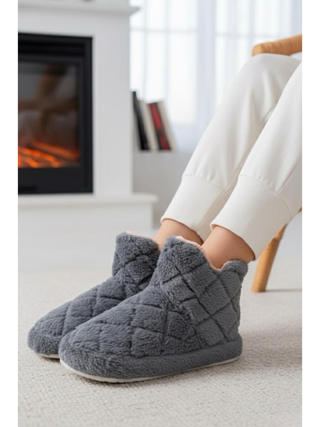 Gri Ness Kadın Ev Botu Pelüş Ev Pandufu Ses Yapmaz Taban Sıcak Kürklü Panduf Ev Botu
