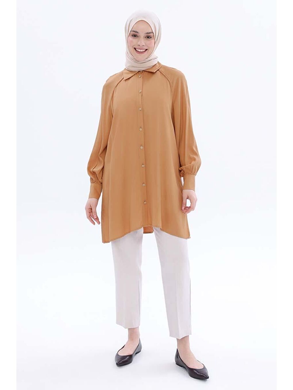 Kahverengi Camel-Büyük Beden Reglan Kol Gömlek Tunik-1