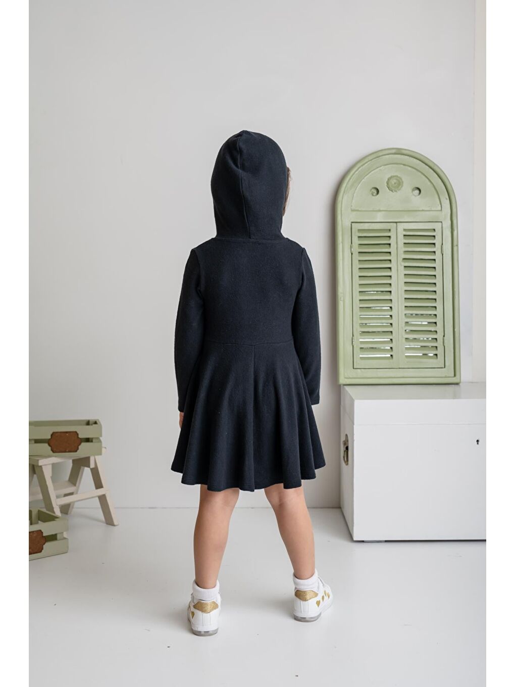 Kız Çocuk Kapüşonlu Yumoş Elbise - Siyah-4