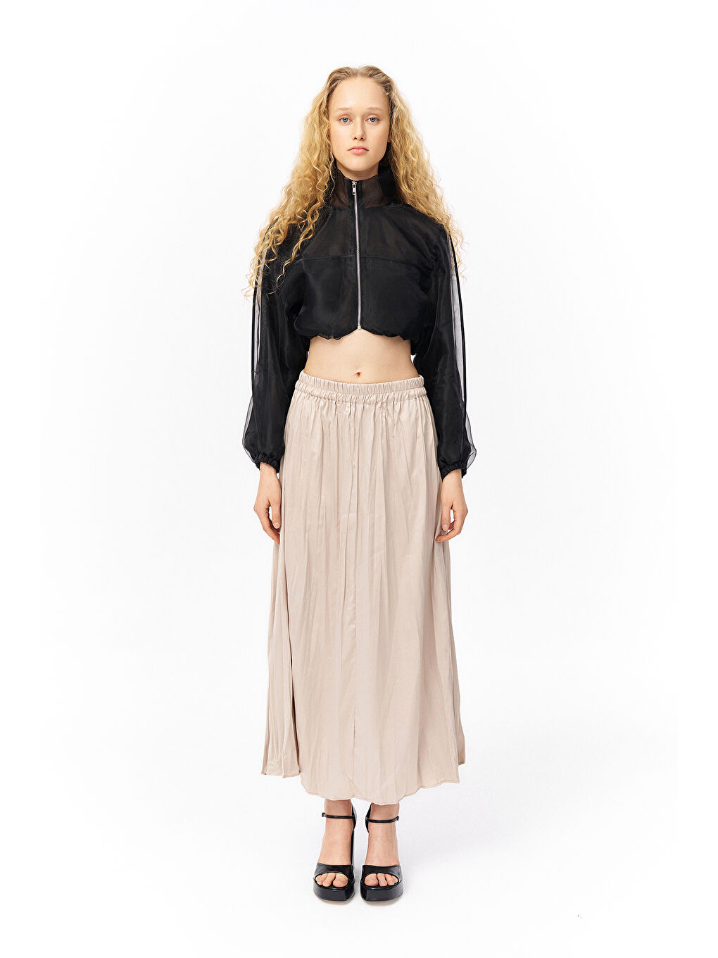 Beli Lastikli Pileli Midi Boy Etek Bej