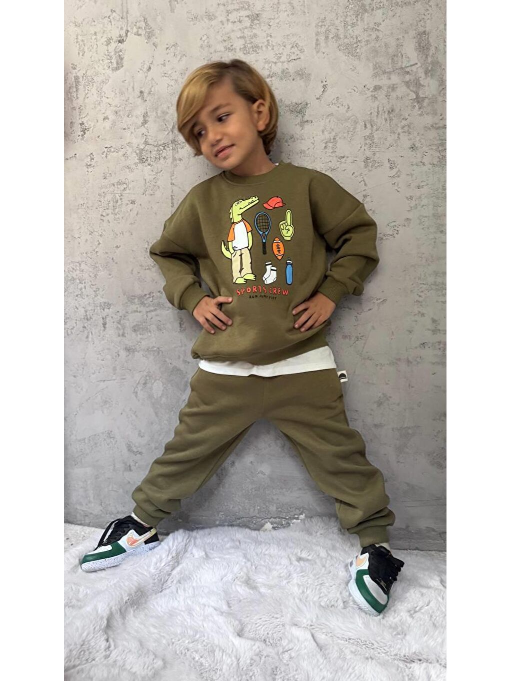 Yeşil Erkek Çocuk Pamuklu Haki Timsah Baskılı Sweatshirt Ve Eşofman Altı Takım - Spor Tarz Rahat Kesim-3