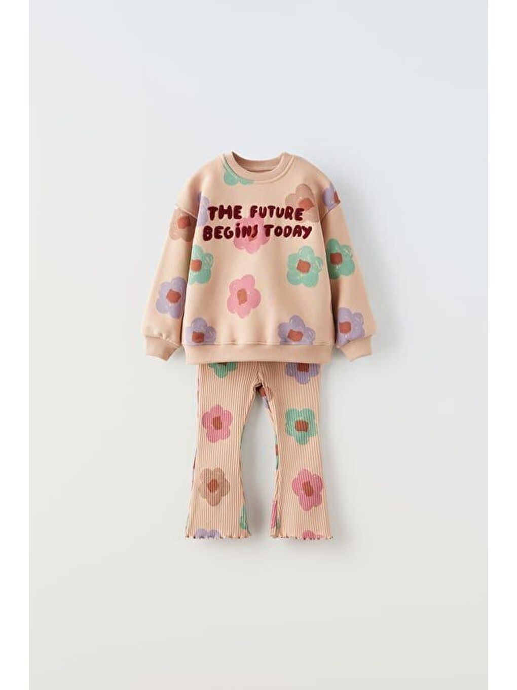 Pembe Kız Çocuk Pamuklu Bej Çiçek Desenli Sweatshirt Ve Eşofman Takımı