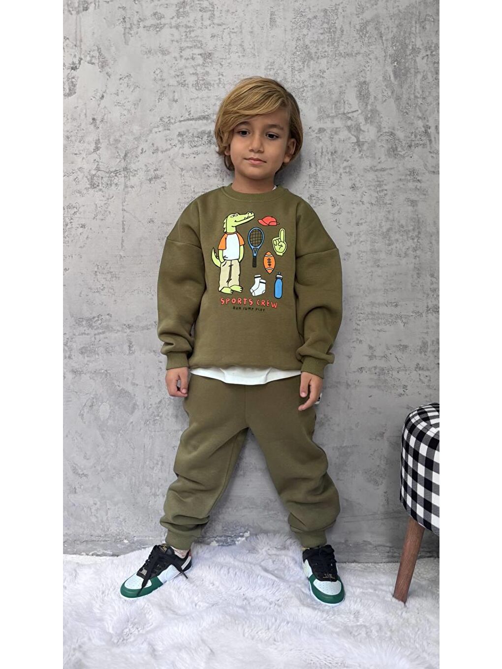 Yeşil Erkek Çocuk Pamuklu Haki Timsah Baskılı Sweatshirt Ve Eşofman Altı Takım - Spor Tarz Rahat Kesim-4