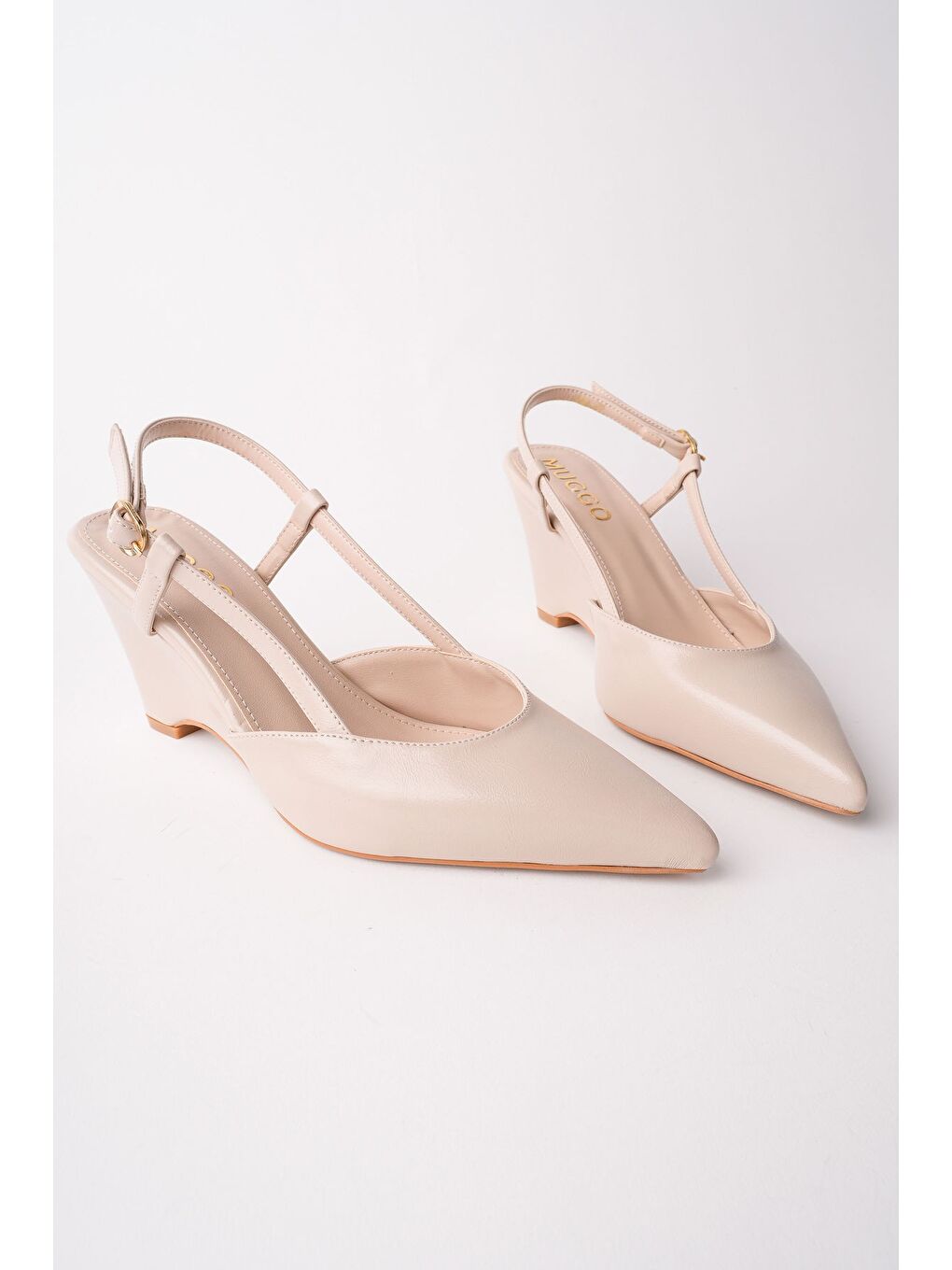 Bej MARBELLA Sivri Burun Arkası Açık Kadın Dolgu Topuklu Ayakkabı-1