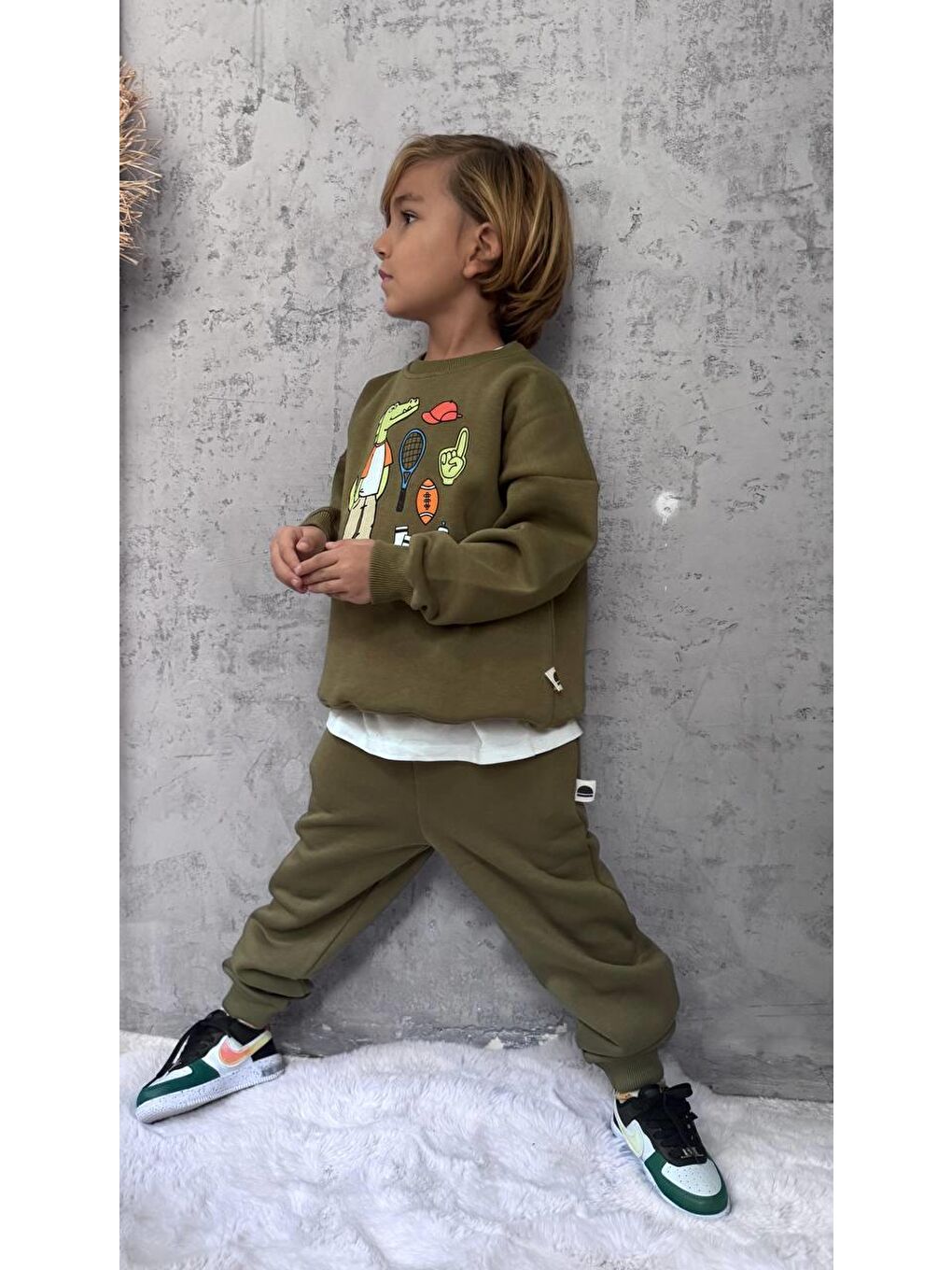 Yeşil Erkek Çocuk Pamuklu Haki Timsah Baskılı Sweatshirt Ve Eşofman Altı Takım - Spor Tarz Rahat Kesim-6