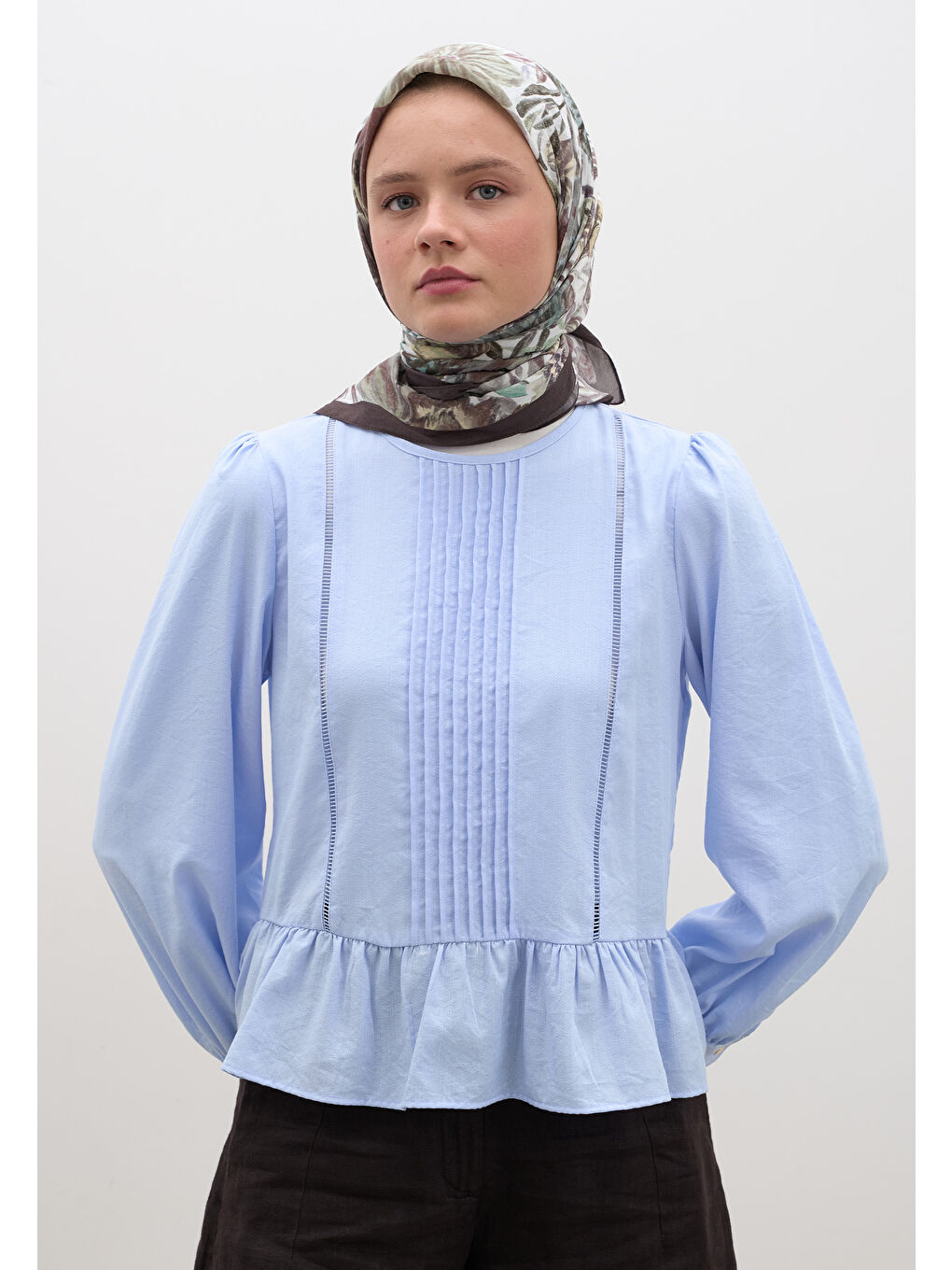 Vıntage Garden Desen Pamuklu Viskon Eşarp Kahverengi-1