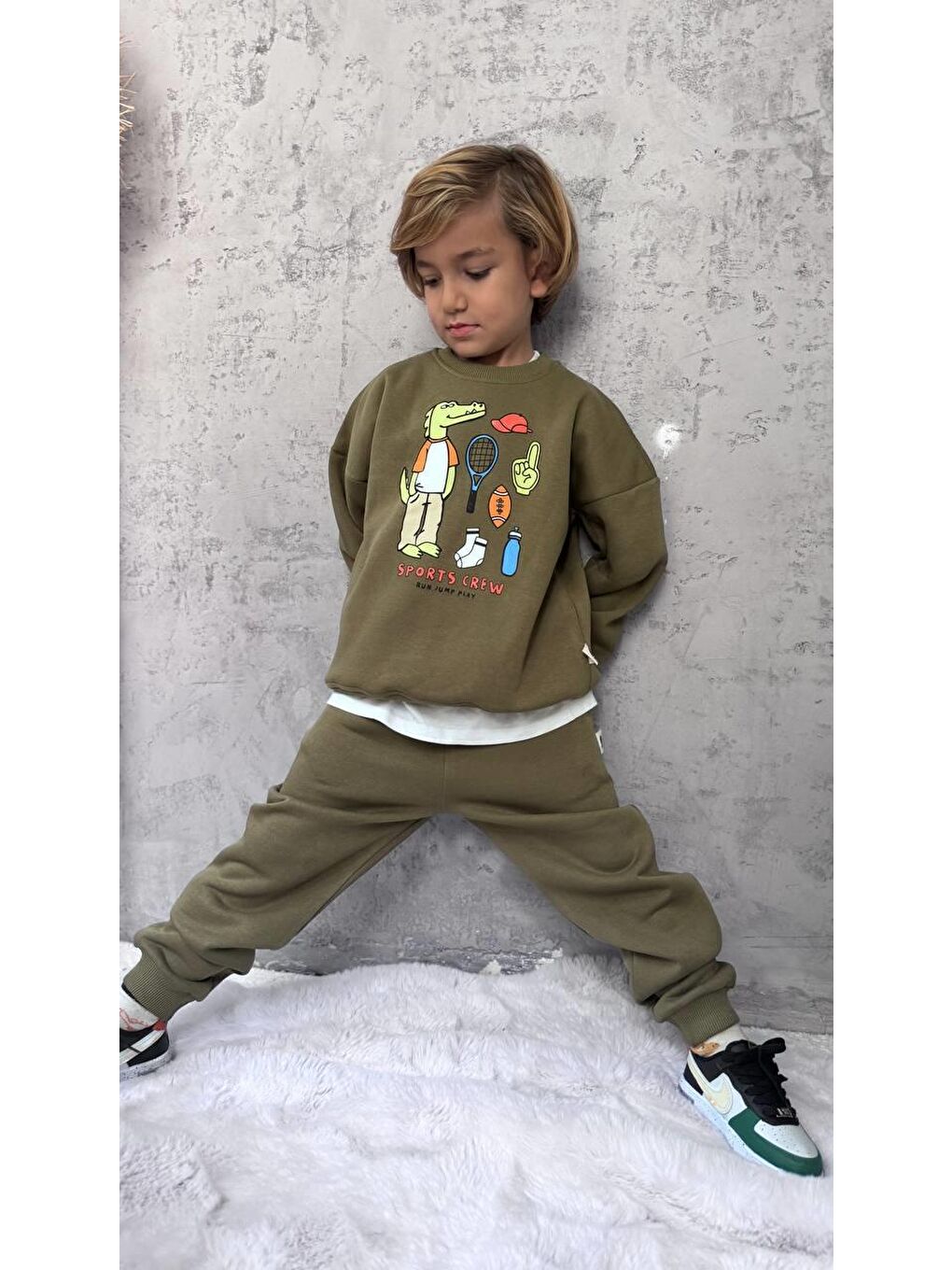 Yeşil Erkek Çocuk Pamuklu Haki Timsah Baskılı Sweatshirt Ve Eşofman Altı Takım - Spor Tarz Rahat Kesim-7