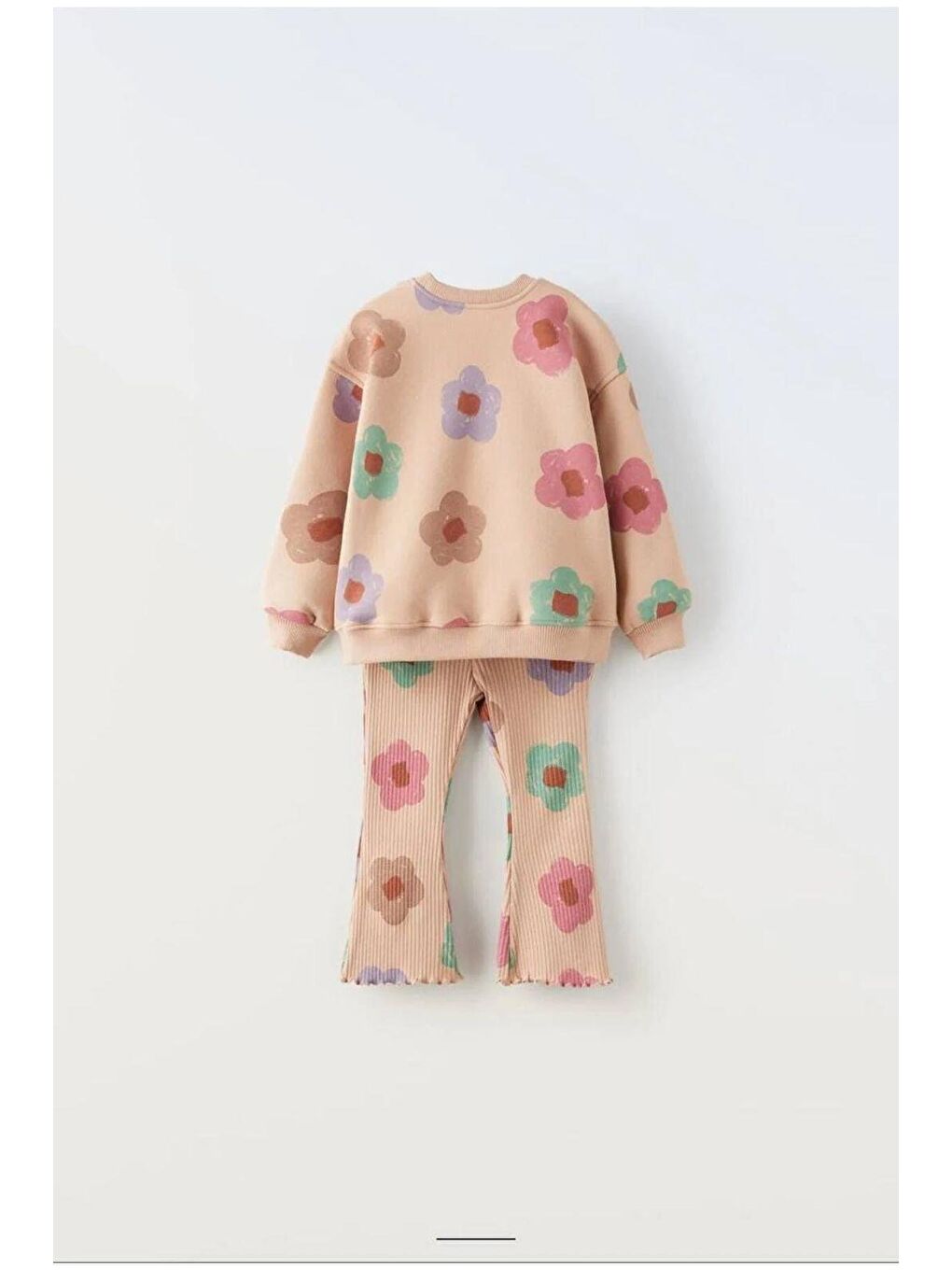 Pembe Kız Çocuk Pamuklu Bej Çiçek Desenli Sweatshirt Ve Eşofman Takımı-5