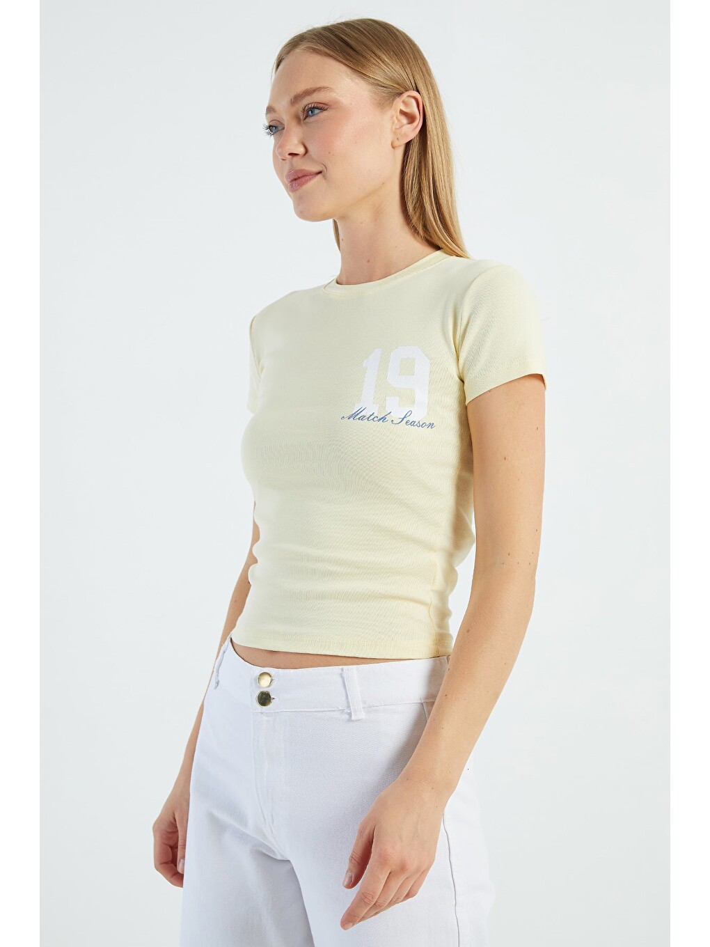 Sarı 19 Baskılı Slim Fit Tişört-2