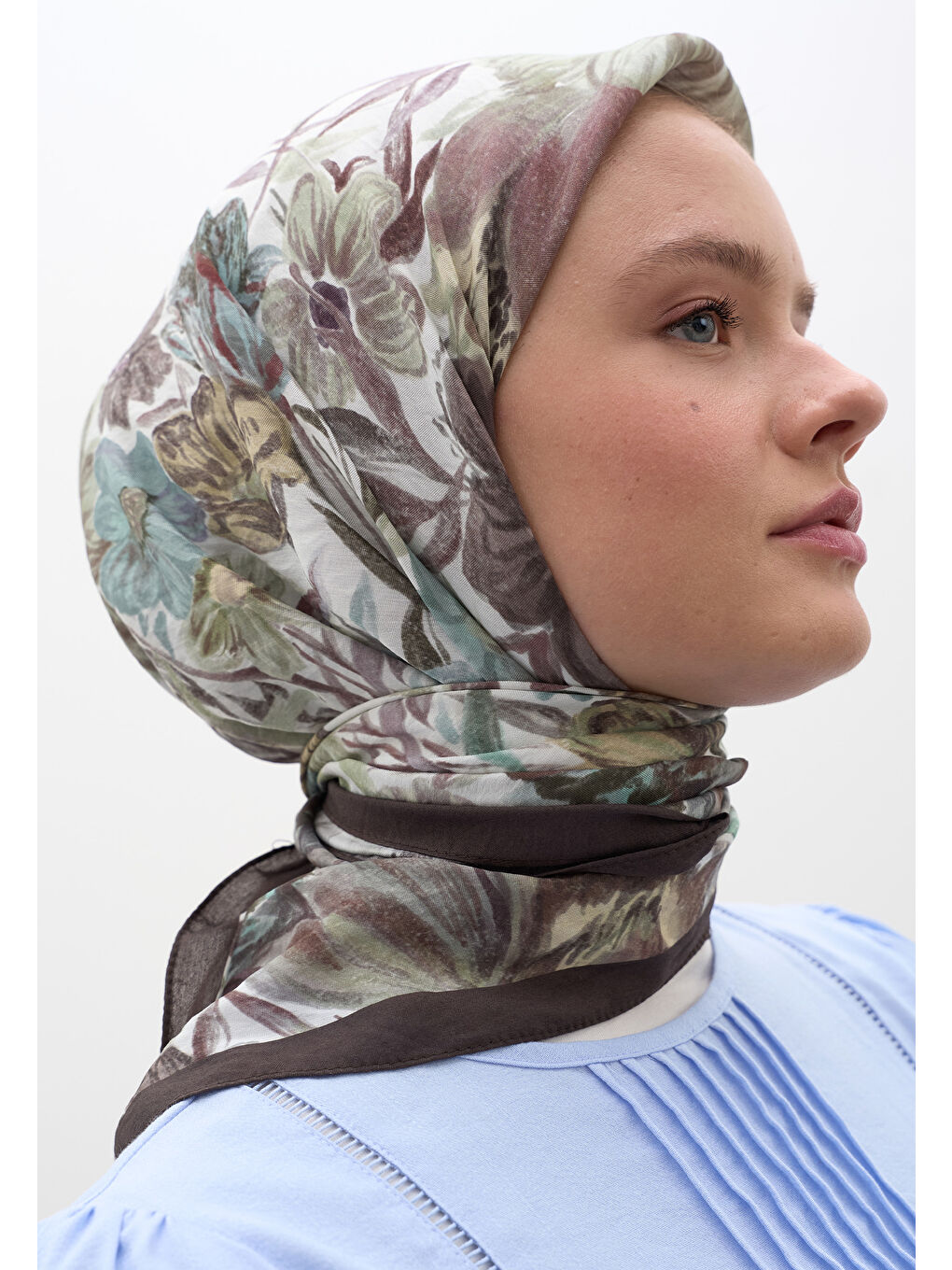 Vıntage Garden Desen Pamuklu Viskon Eşarp Kahverengi-2