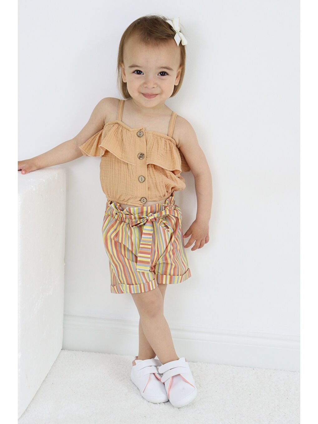 Kahverengi Kız Çocuk Askılı Şortlu Pamuklu Yazlık Takım TF7322-2