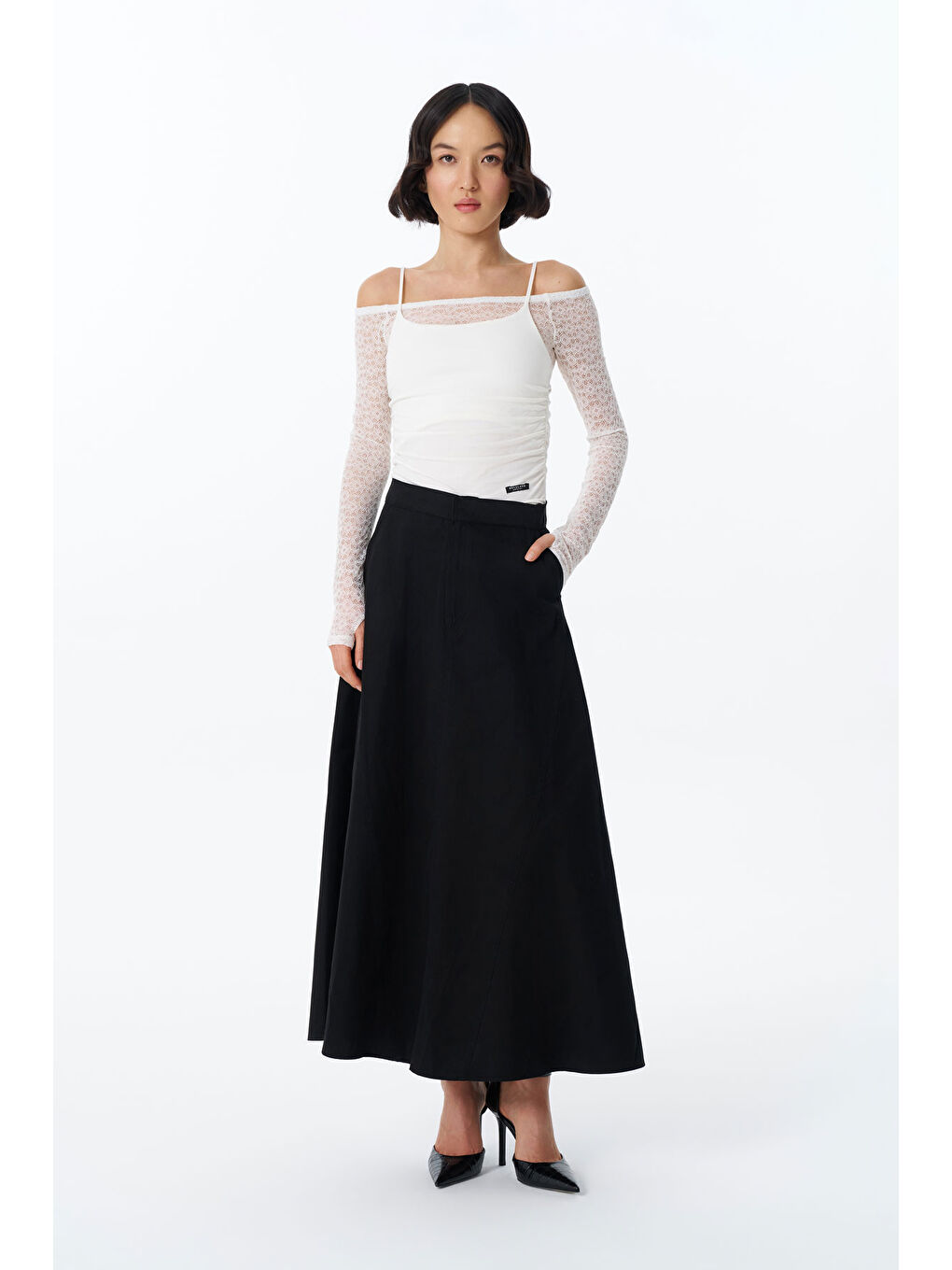 QUZU Beli Lastikli Pileli Midi Etek Siyah
