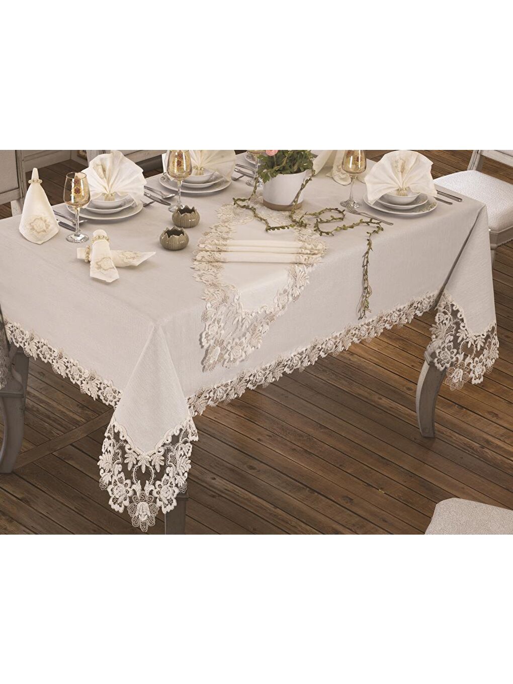 Ekru Beste Masa Örtüsü 26 Parça Krem-1
