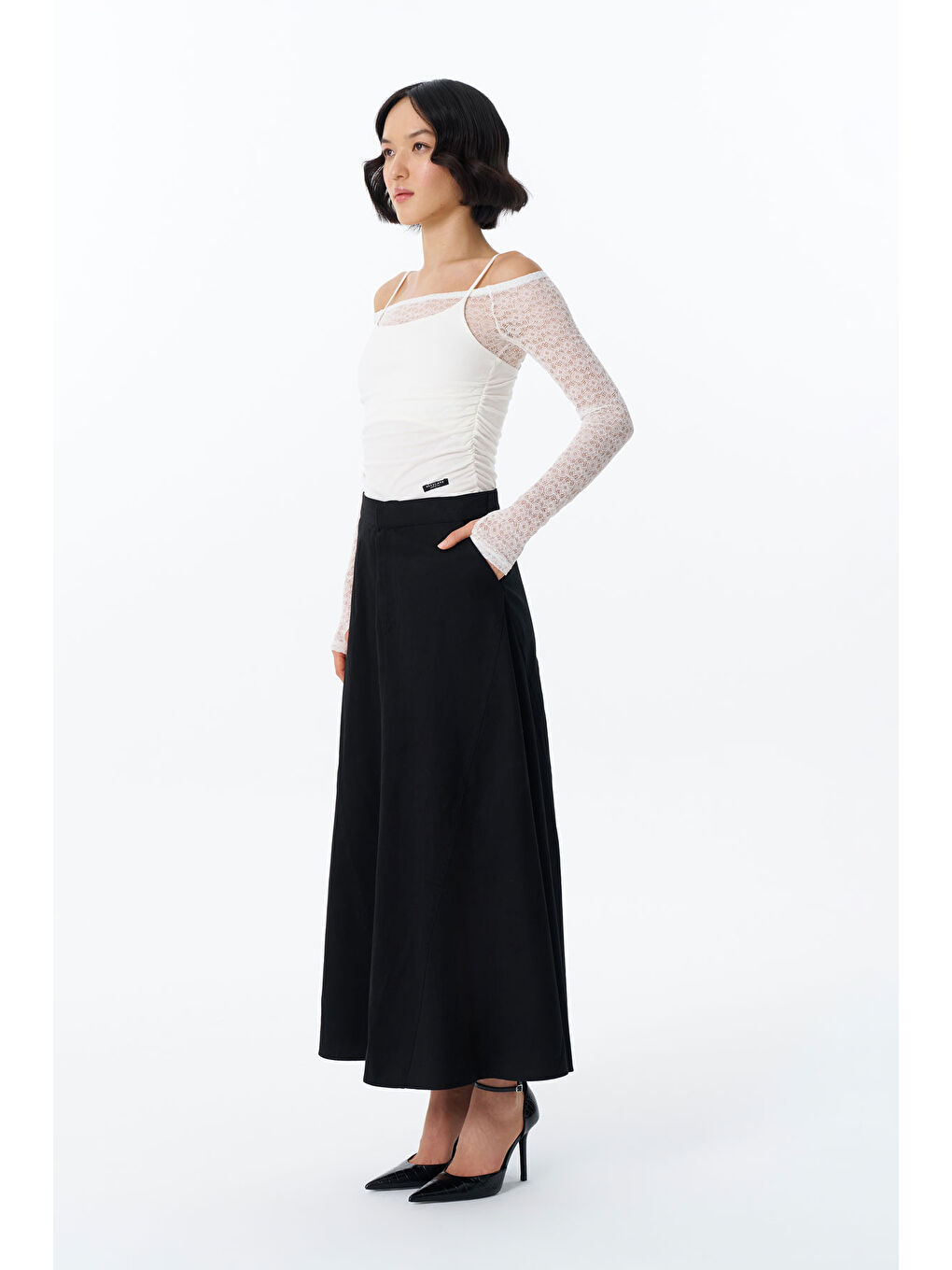QUZU Beli Lastikli Pileli Midi Etek Siyah - 2