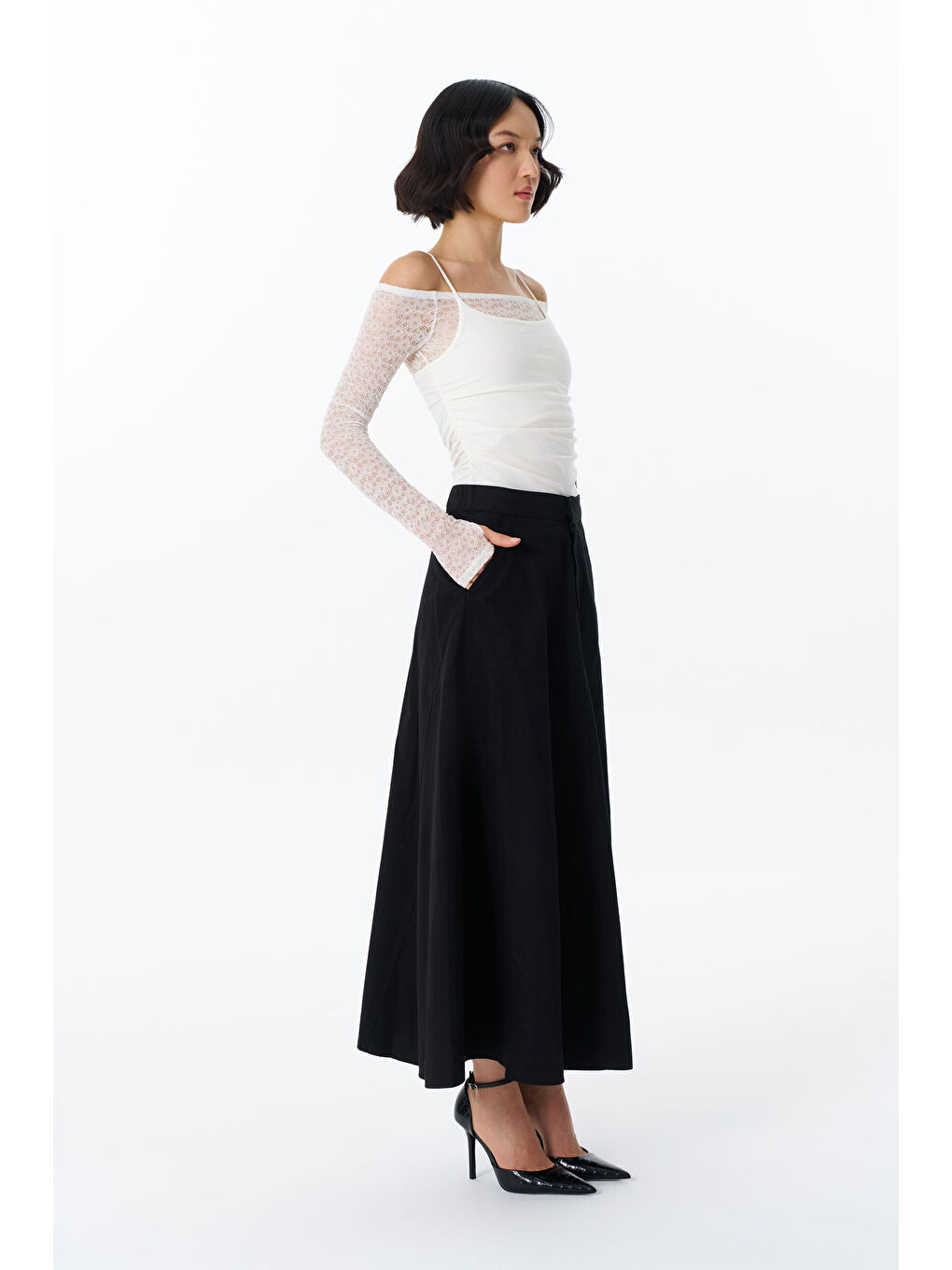 QUZU Beli Lastikli Pileli Midi Etek Siyah - 3