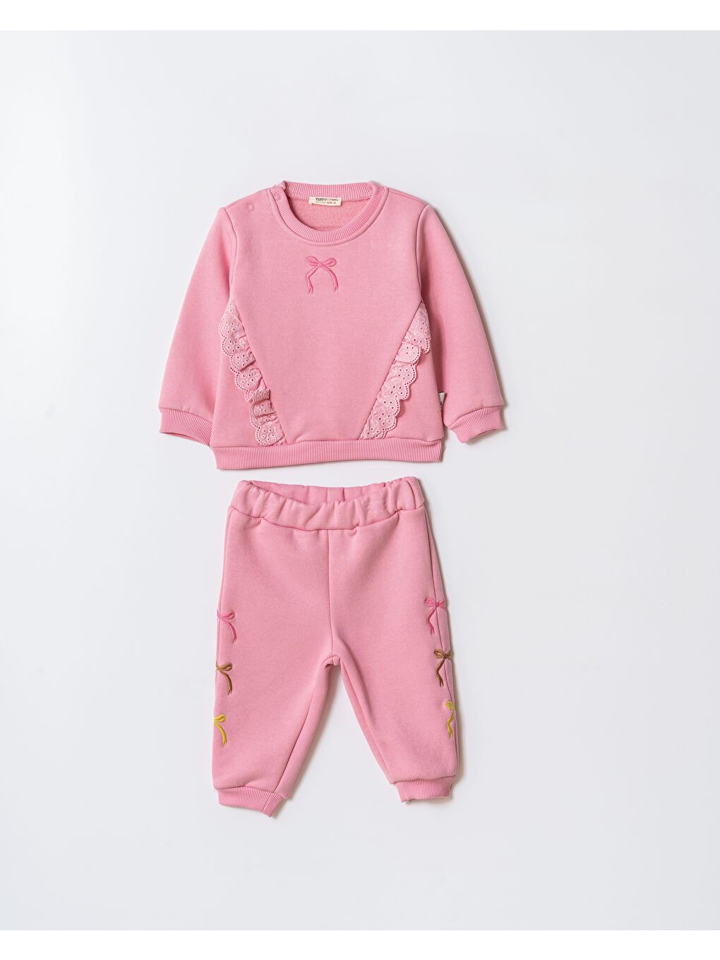 Kız Çocuk Pamuklu Pembe Dantel Ve Fiyonk Detaylı Eşofman Takımı - Yumuşak Kumaşlı İki Parça Set