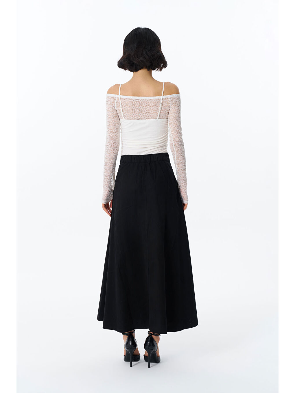 QUZU Beli Lastikli Pileli Midi Etek Siyah - 4