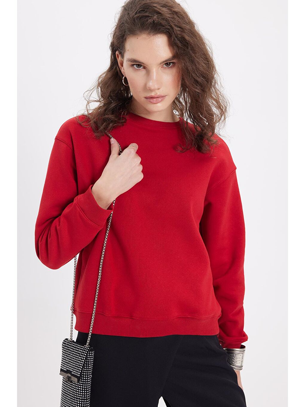 Kadın Oversize Geniş Kesim Pamuklu Bisiklet Yaka Kırmızı Sweatshirt-5