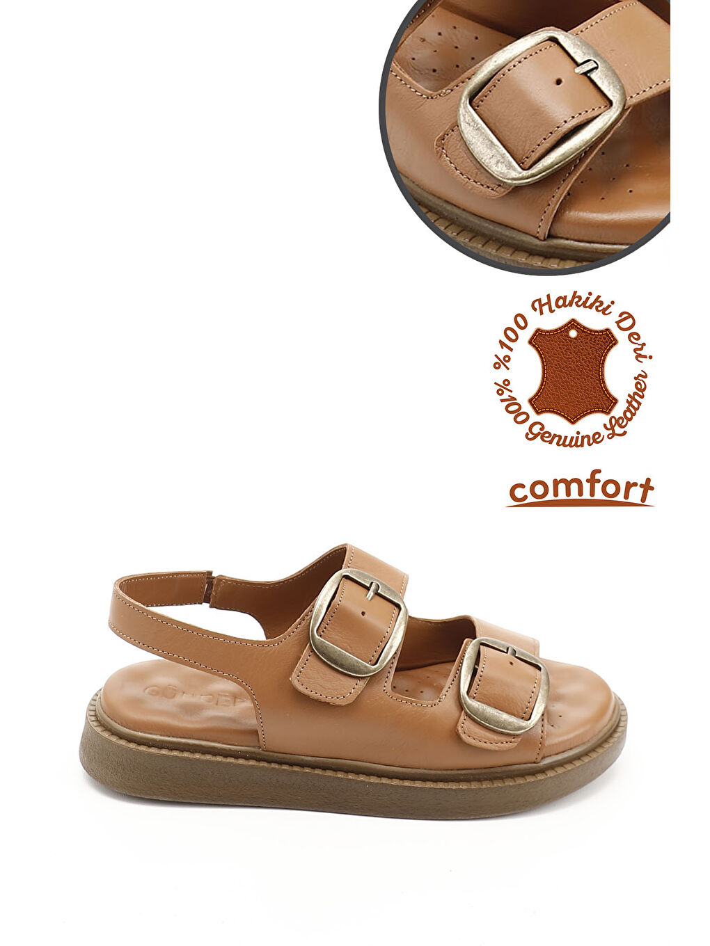 Kadın HAKİ-TABA Cırtlı Tokalı Hakiki Deri Comfort Sandalet