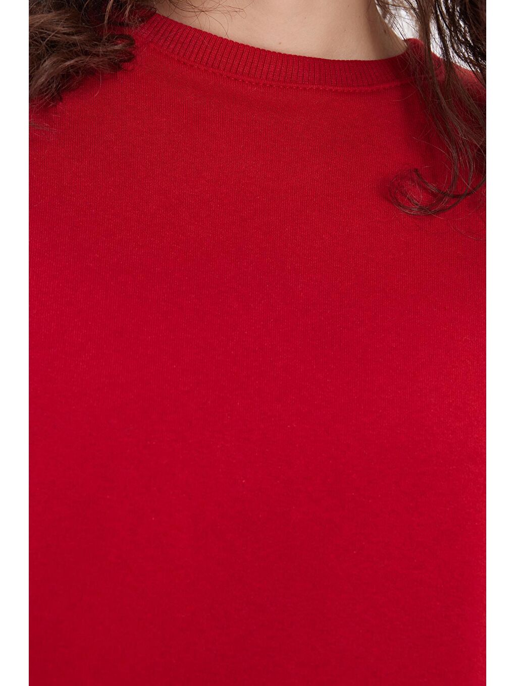 Kadın Oversize Geniş Kesim Pamuklu Bisiklet Yaka Kırmızı Sweatshirt-6