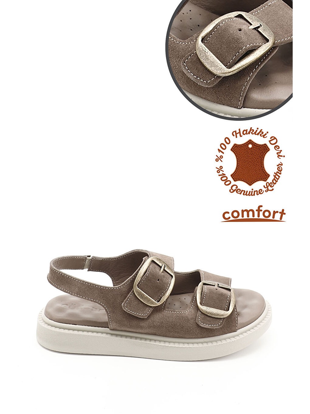 Bej Kadın VİZON Cırtlı Tokalı Hakiki Deri Comfort Sandalet-2