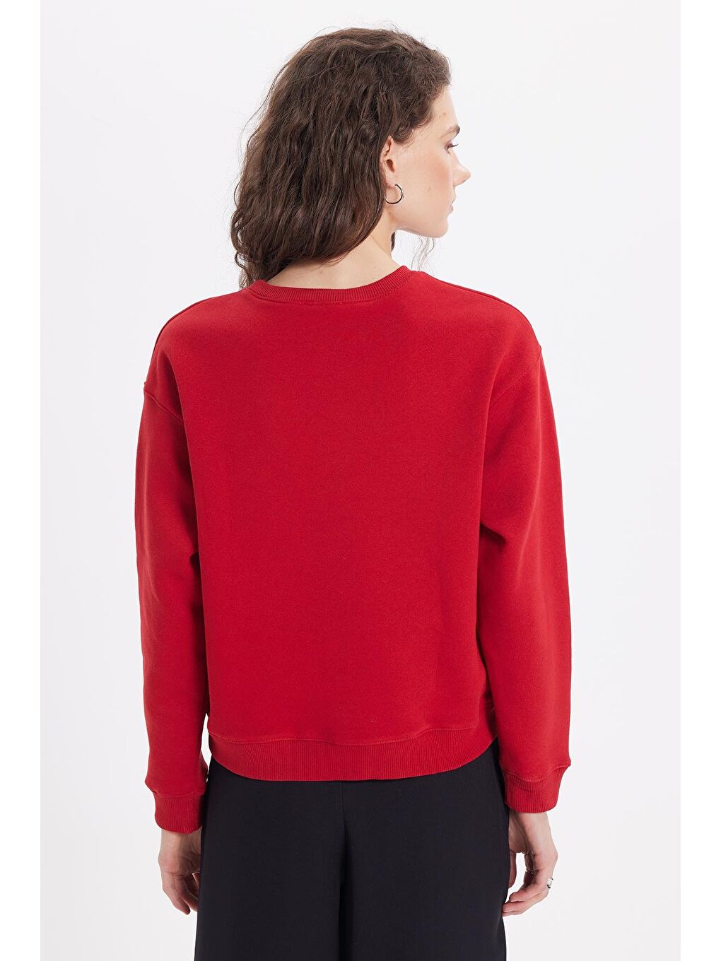 Kadın Oversize Geniş Kesim Pamuklu Bisiklet Yaka Kırmızı Sweatshirt-7