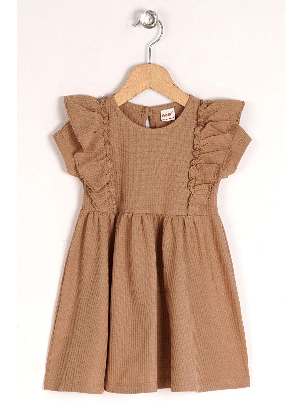 Bisiklet Yaka Fırfırlı Beli Büzgülü Kahverengi Renk Kız Çocuk Elbise