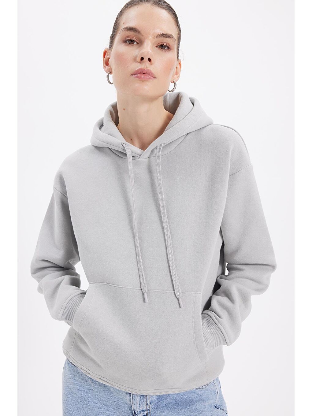 Ekru Kadın Oversize Geniş Kesim Pamuklu Yumuşak Dokulu İçi Polarlı Basic Krem Kapüşonlu Sweatshirt