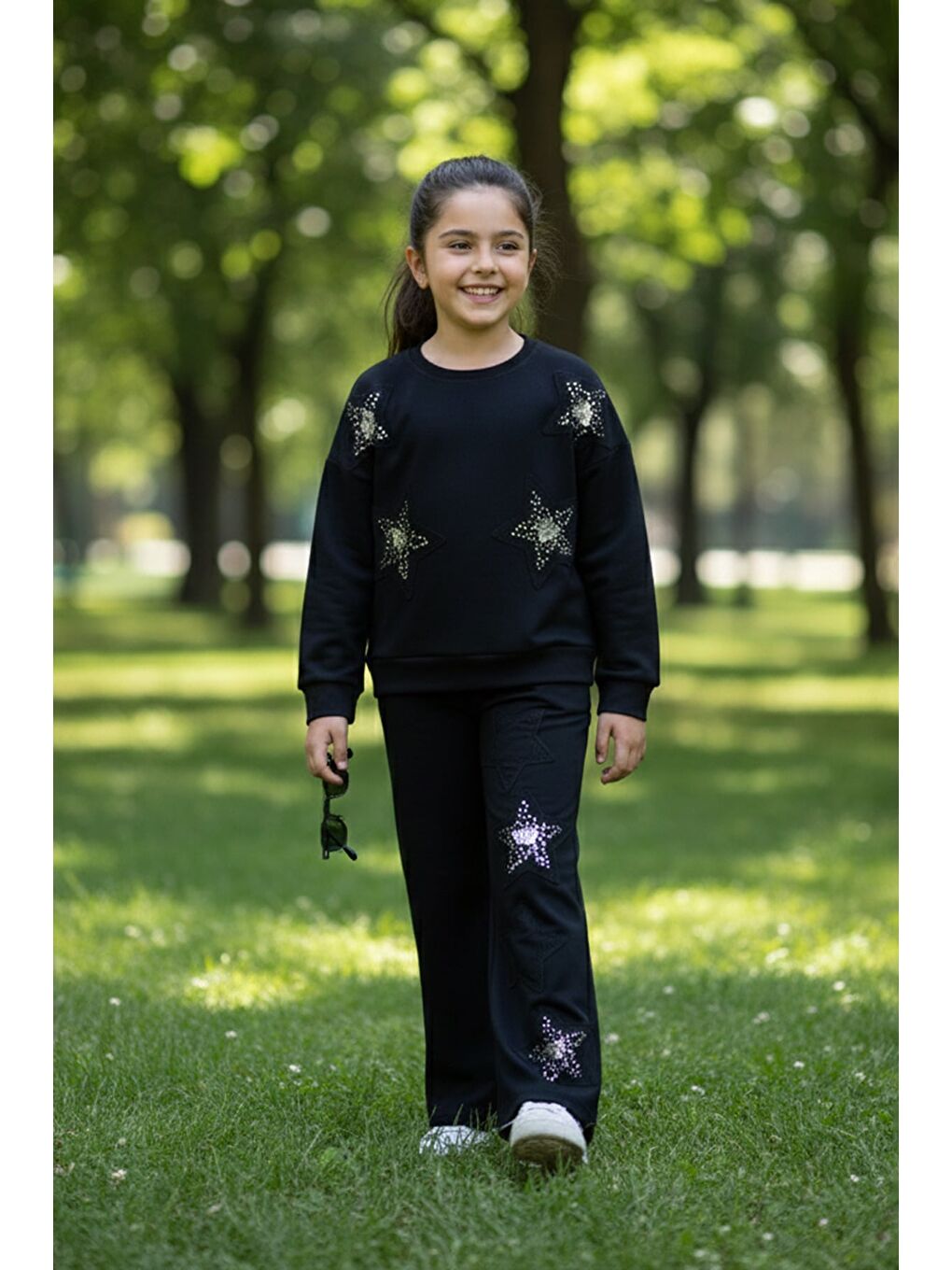 Siyah Yıldız Nakışlı 2 Li Kız Çocuk Takım-1