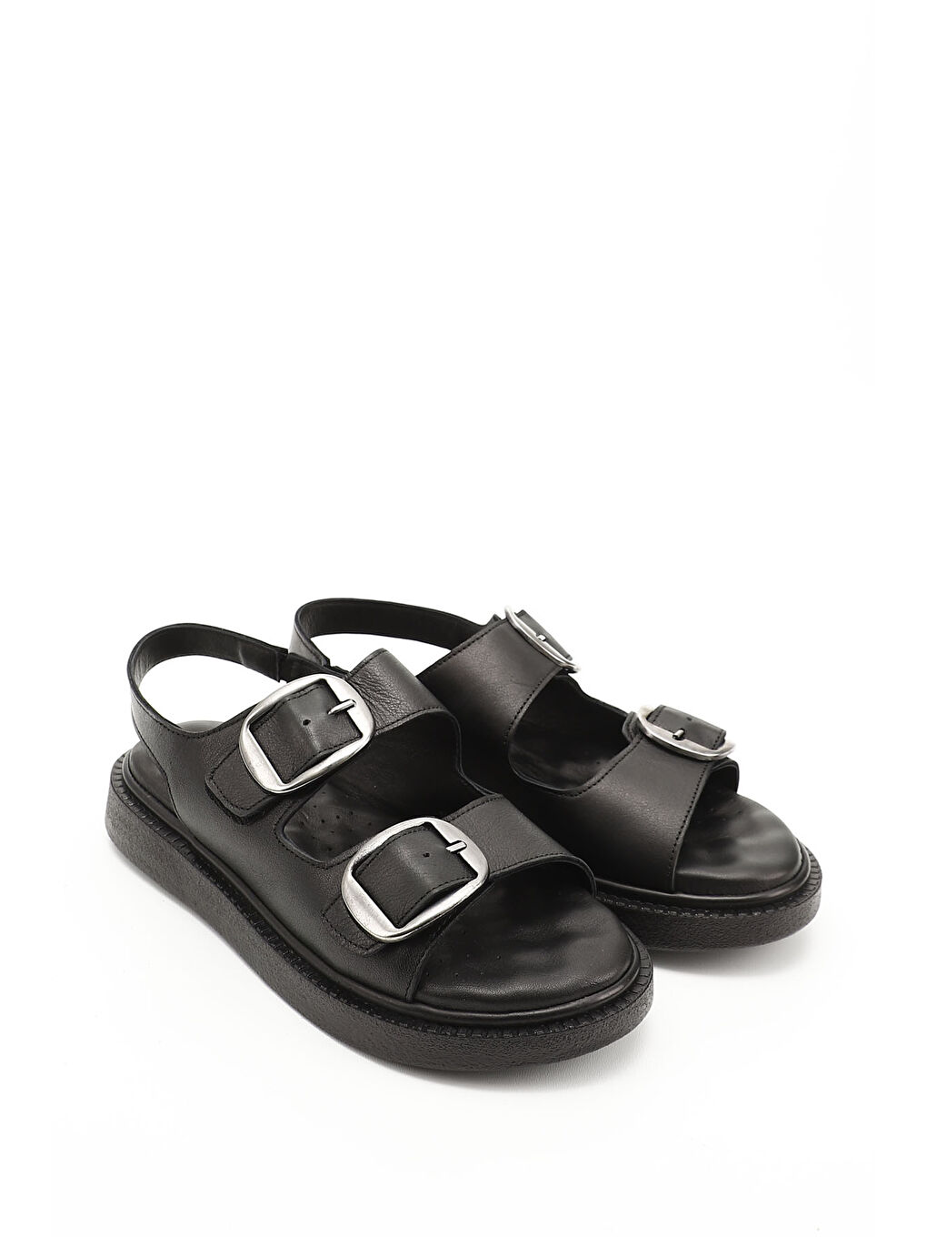 Mor Kadın ZÜMRÜT-SİYAH Cırtlı Tokalı Hakiki Deri Comfort Sandalet-1