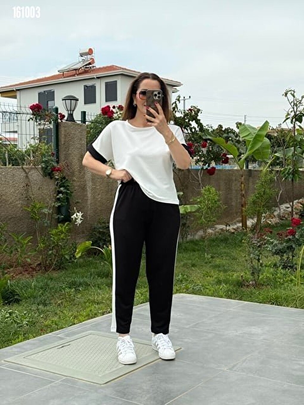 Siyah Kadın Kısa Kollu Modal Dokulu Kumaş Yanı Şeritli Takım-5