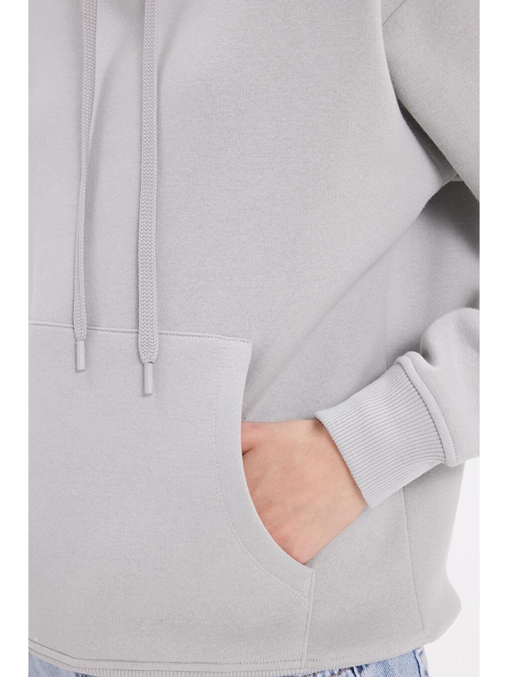 Ekru Kadın Oversize Geniş Kesim Pamuklu Yumuşak Dokulu İçi Polarlı Basic Krem Kapüşonlu Sweatshirt-2