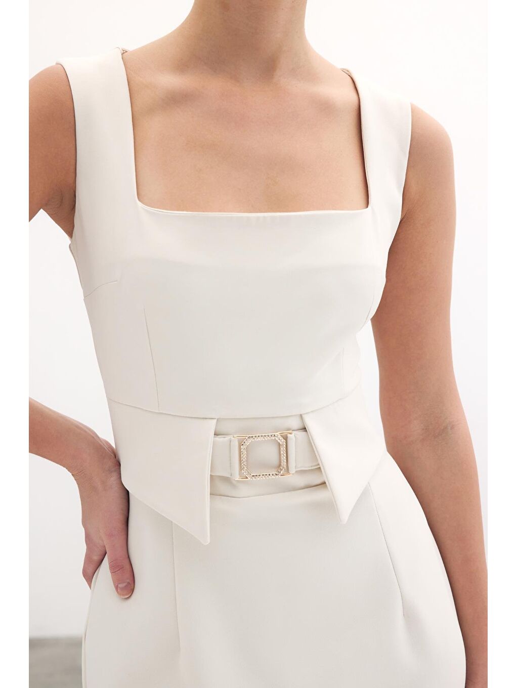 Bej Birleşik Aksesuarlı Kalem Elbise - Taş-6