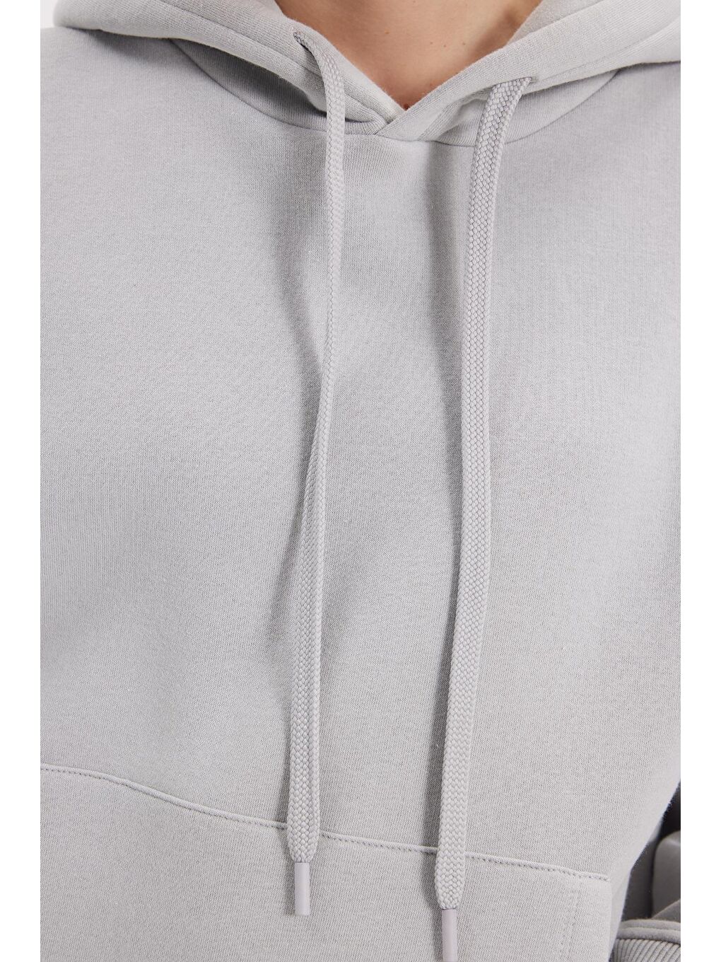 Ekru Kadın Oversize Geniş Kesim Pamuklu Yumuşak Dokulu İçi Polarlı Basic Krem Kapüşonlu Sweatshirt-4