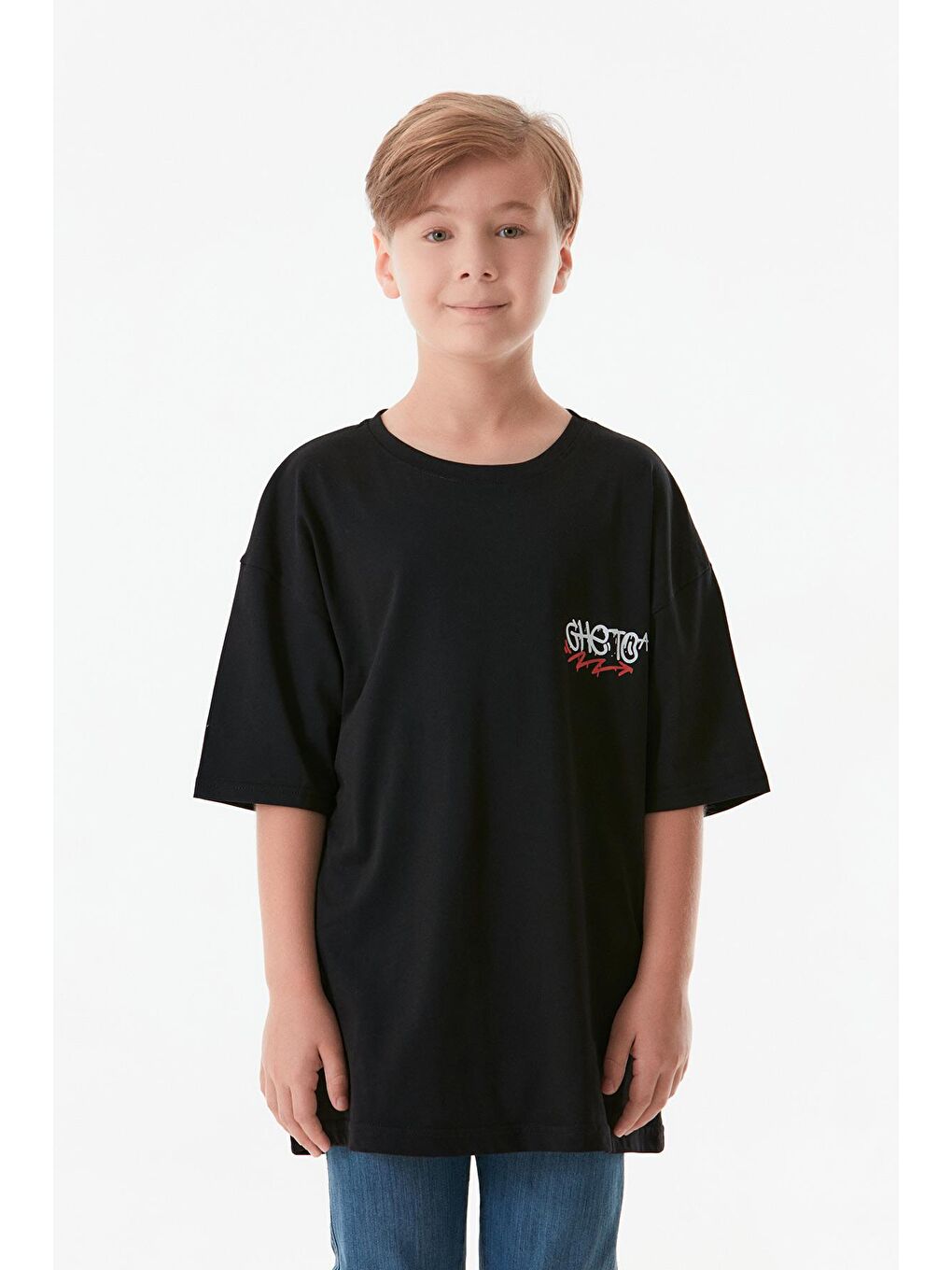 Siyah Önü Ve Arkası Baskılı Bisiklet Yaka Erkek Çocuk Tişört