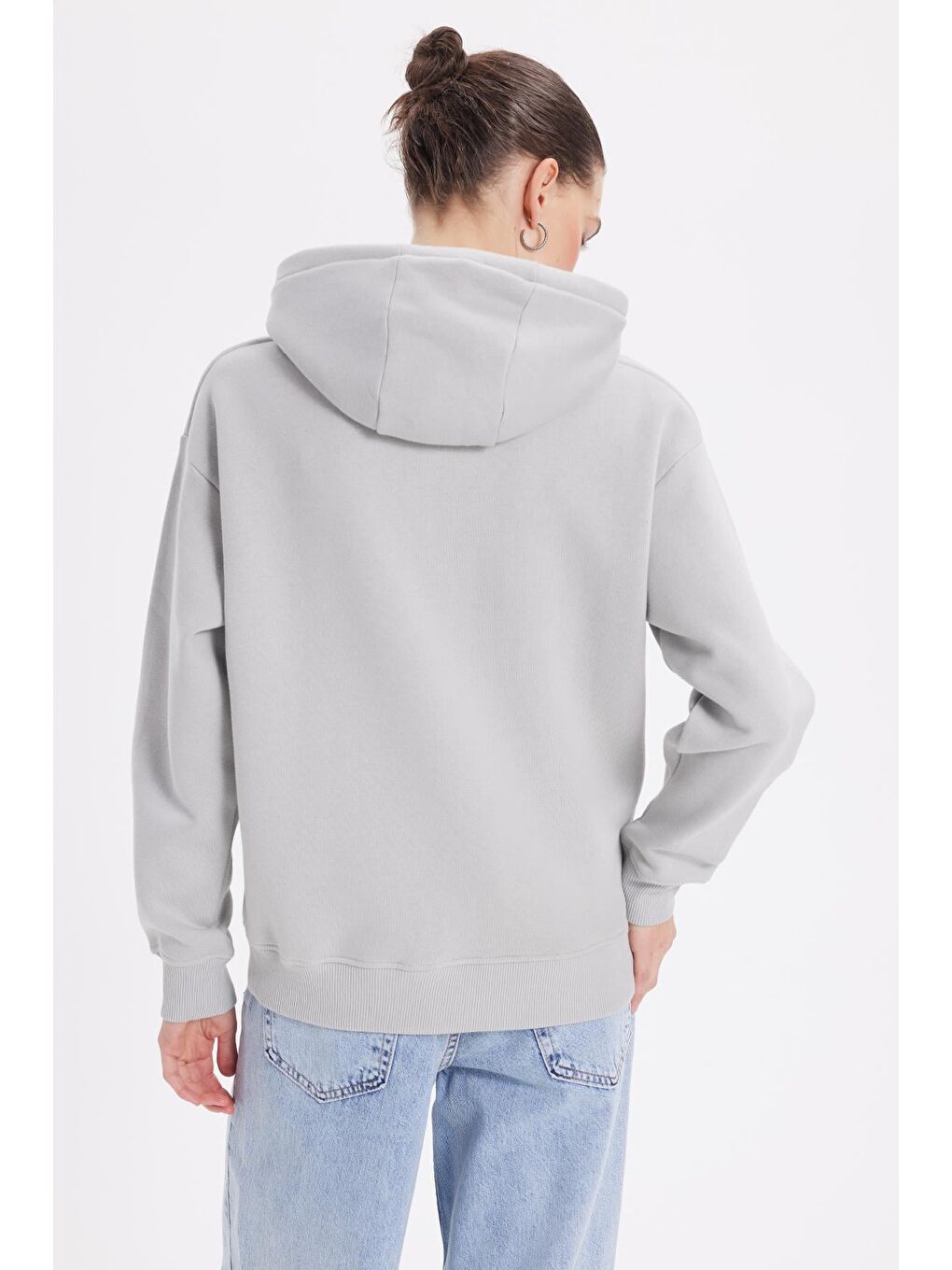Ekru Kadın Oversize Geniş Kesim Pamuklu Yumuşak Dokulu İçi Polarlı Basic Krem Kapüşonlu Sweatshirt-5