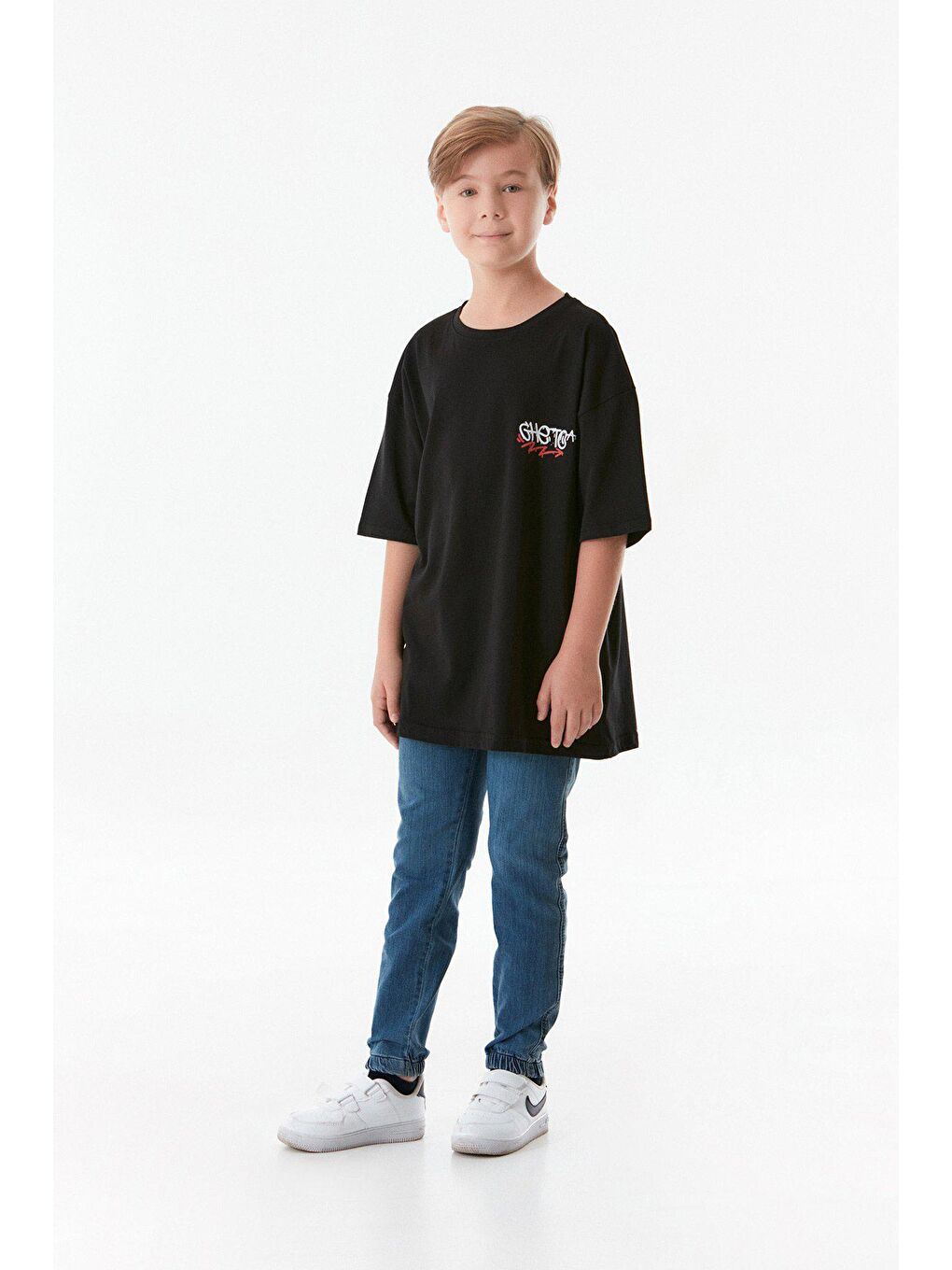 Siyah Önü Ve Arkası Baskılı Bisiklet Yaka Erkek Çocuk Tişört-1